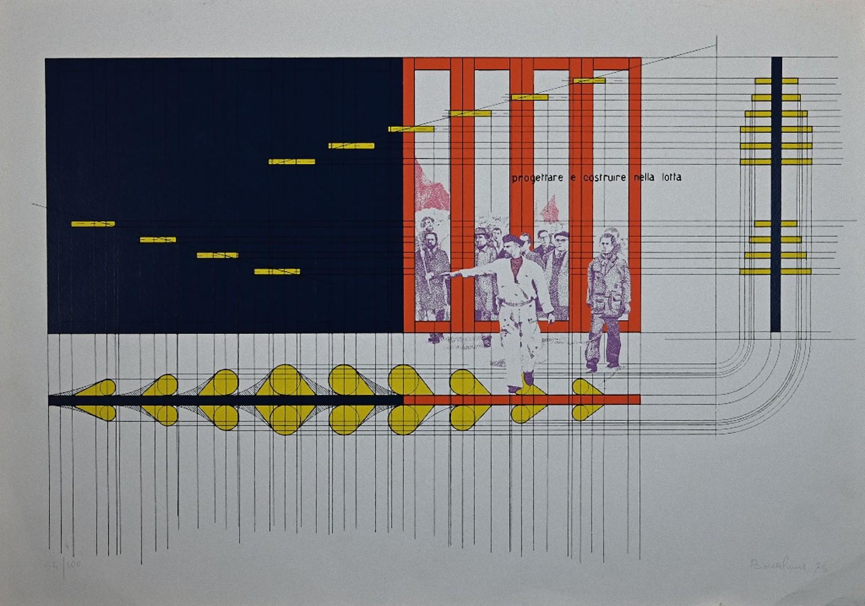 Agostino Bonalumi Figurative Print - Progettare e Costruire nella Lotta - Original Lithograph by A. Bonalumi - 1975