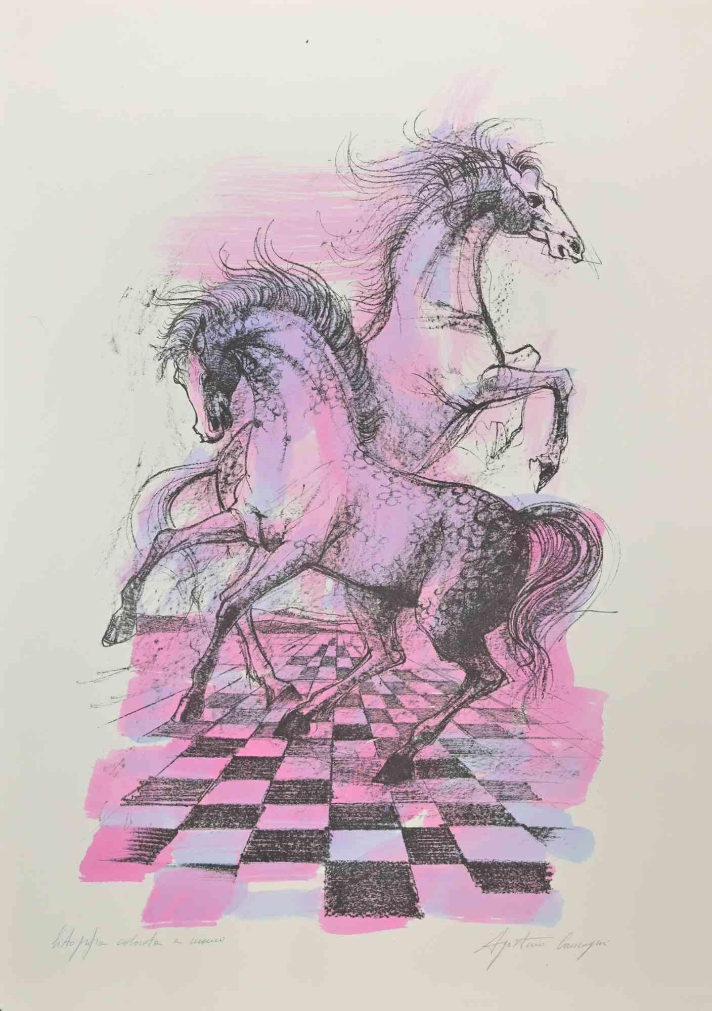 Free Horses ist eine wunderschöne Lithografie von Agostino Cancogni aus den 1980er Jahren.

Handaquarellierte Lithographie auf Papier. Einzigartiges Exemplar. 

Vom Künstler persönlich koloriert und am unteren rechten Rand handsigniert. Technik