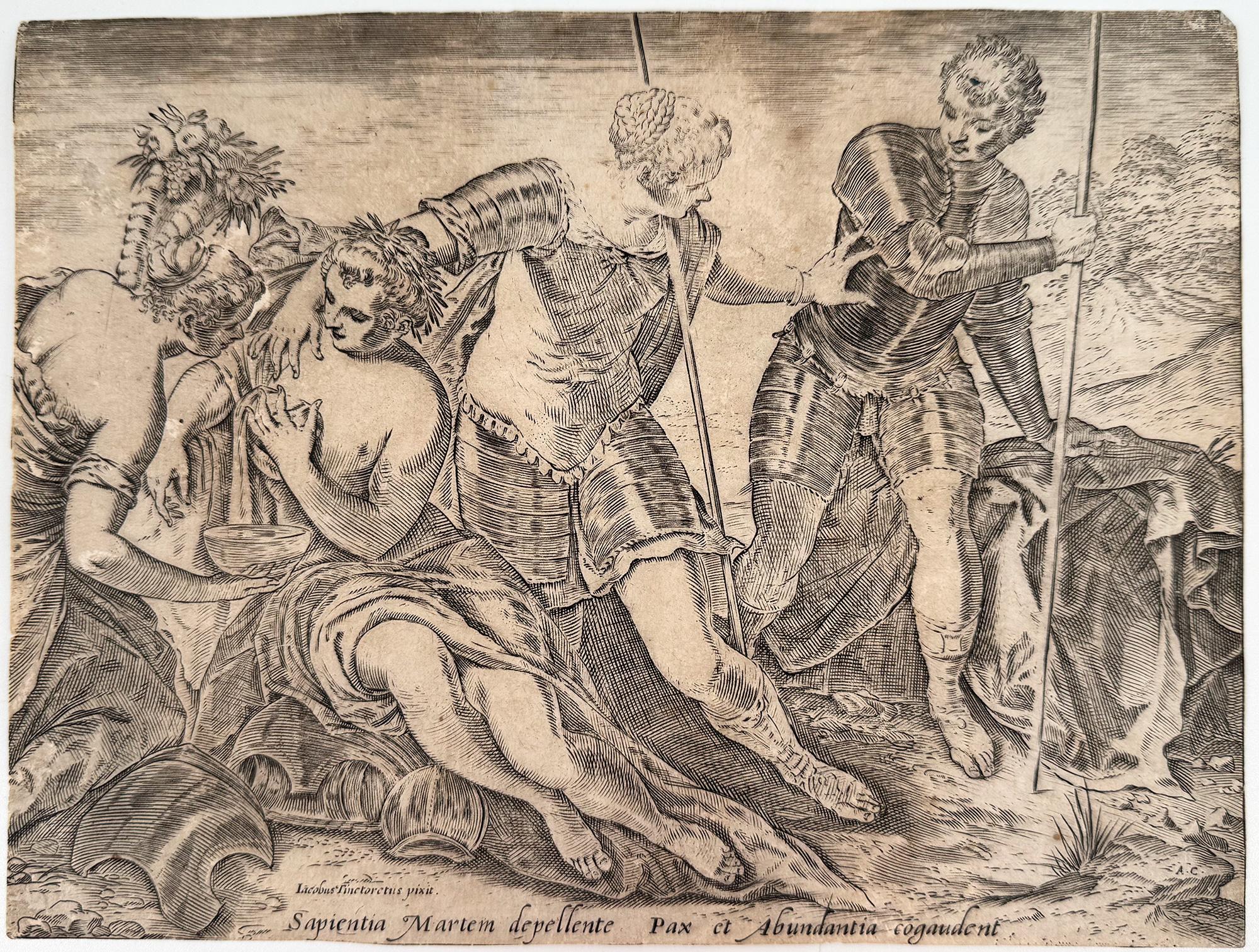 Agostino Carracci Portrait Print - Mars driven away from Peace and Abundance by Minerva