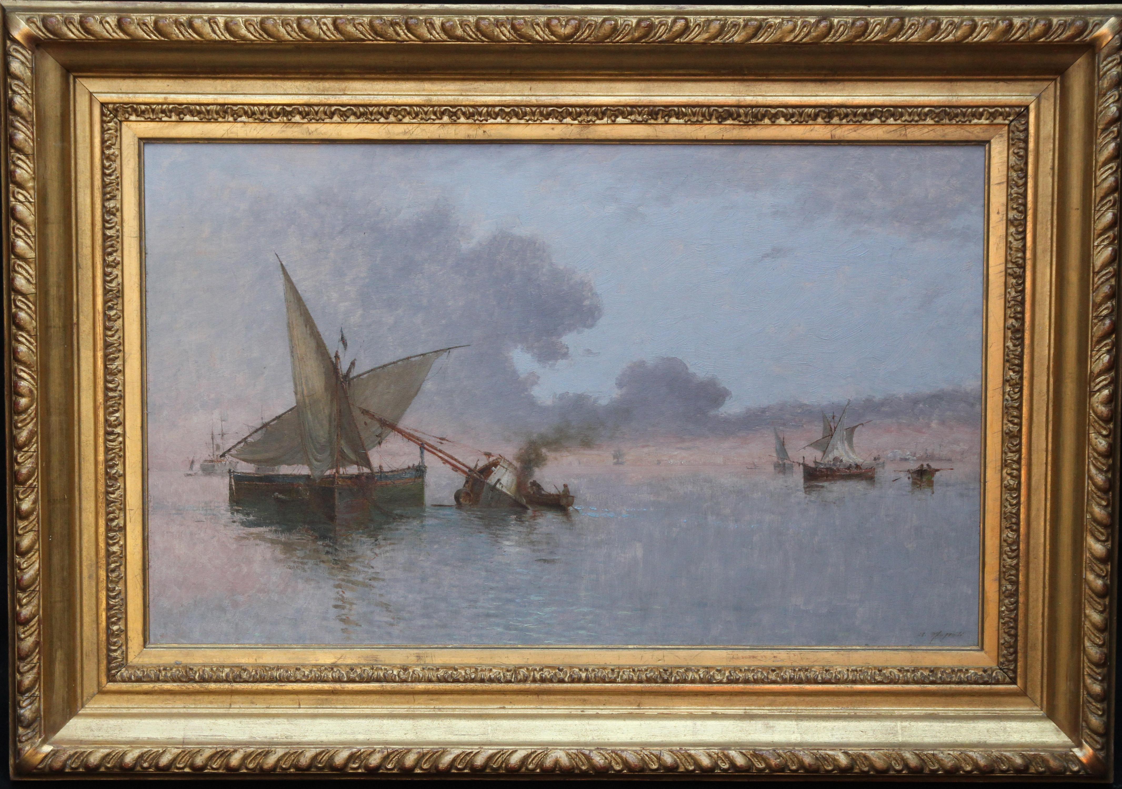 Agostino Fossati Landscape Painting - Spezia Marine - Italian 19th century art nautical seascape oil painting Italy