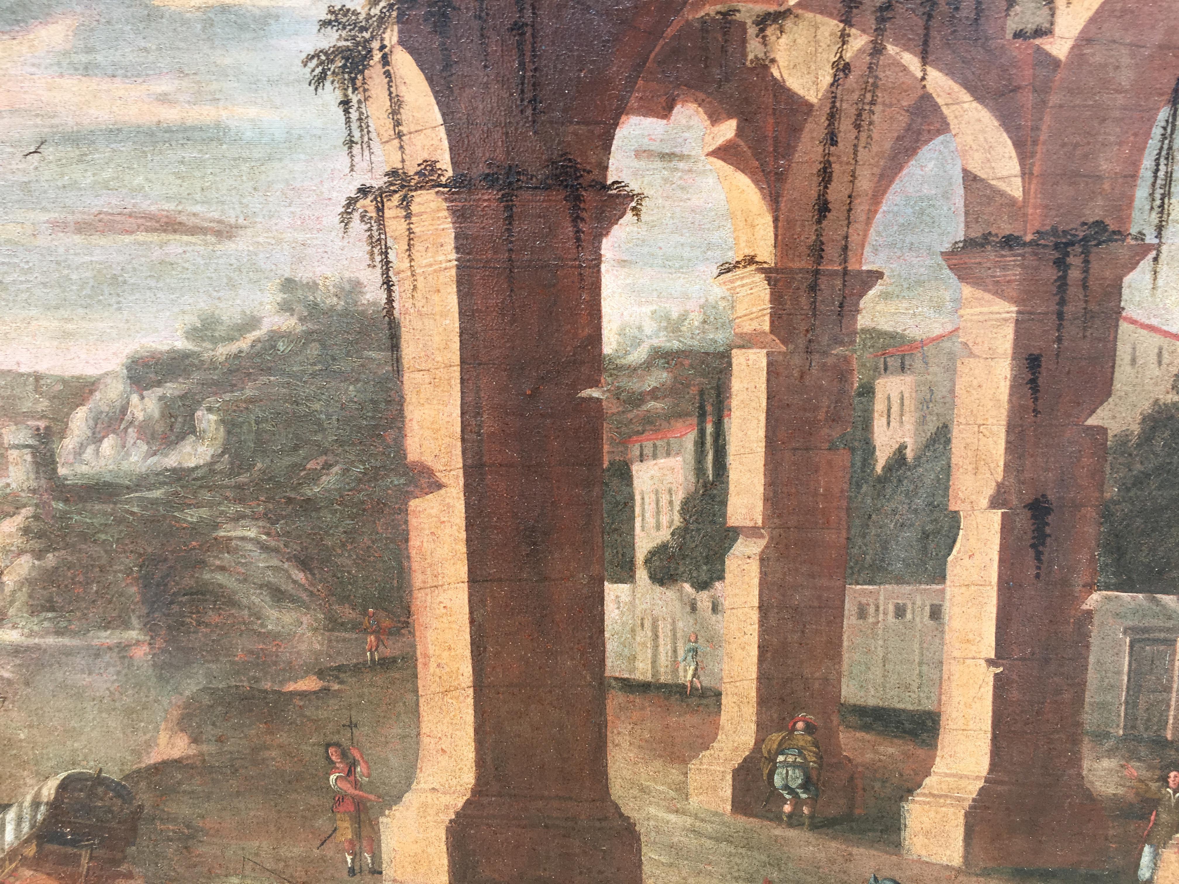 17th century Italian harbor with boats, figures and ruins in a landscape - Painting by (Follower of) Agostino Tassi