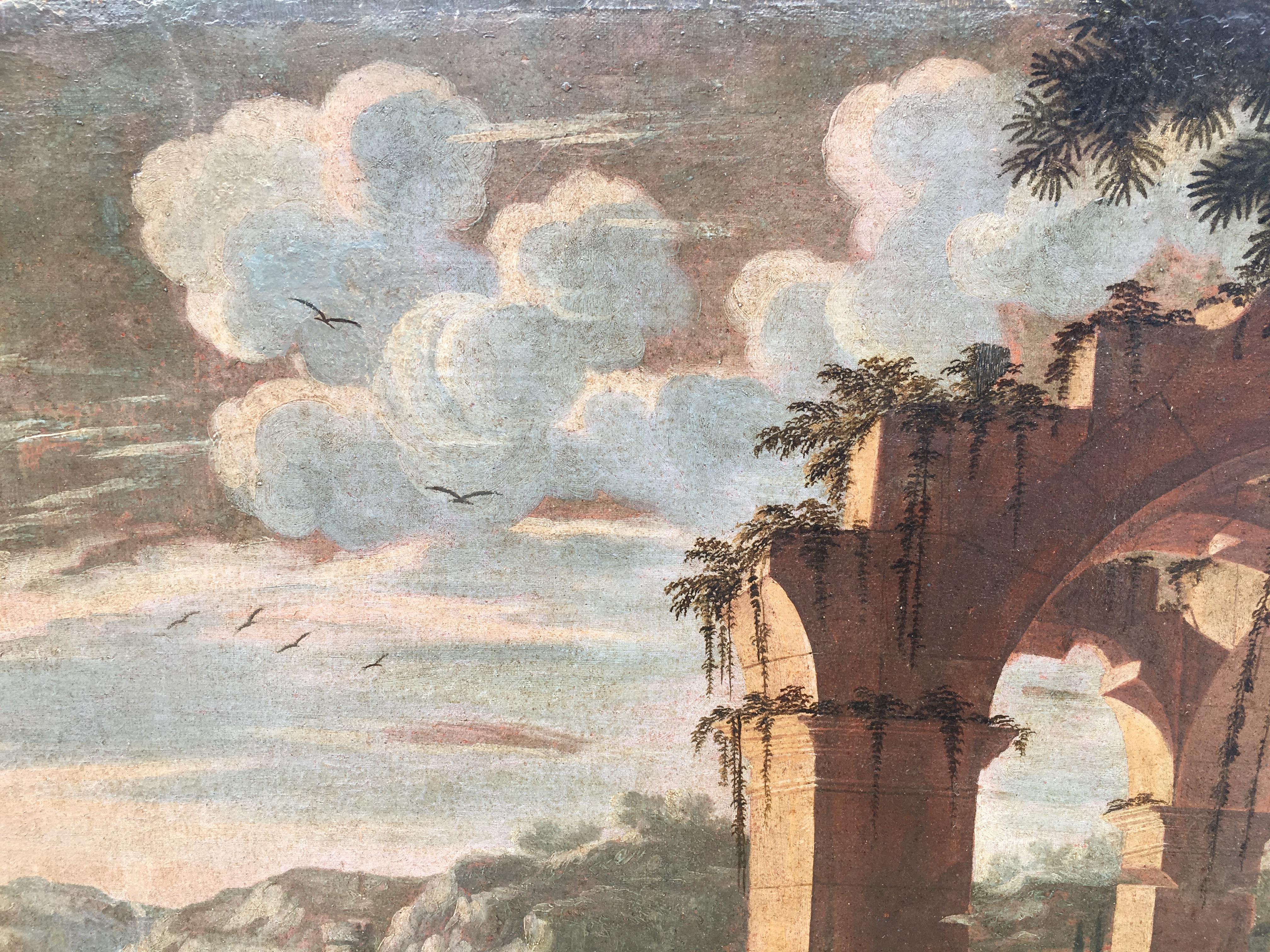 17th century Italian harbor with boats, figures and ruins in a landscape - Old Masters Painting by (Follower of) Agostino Tassi