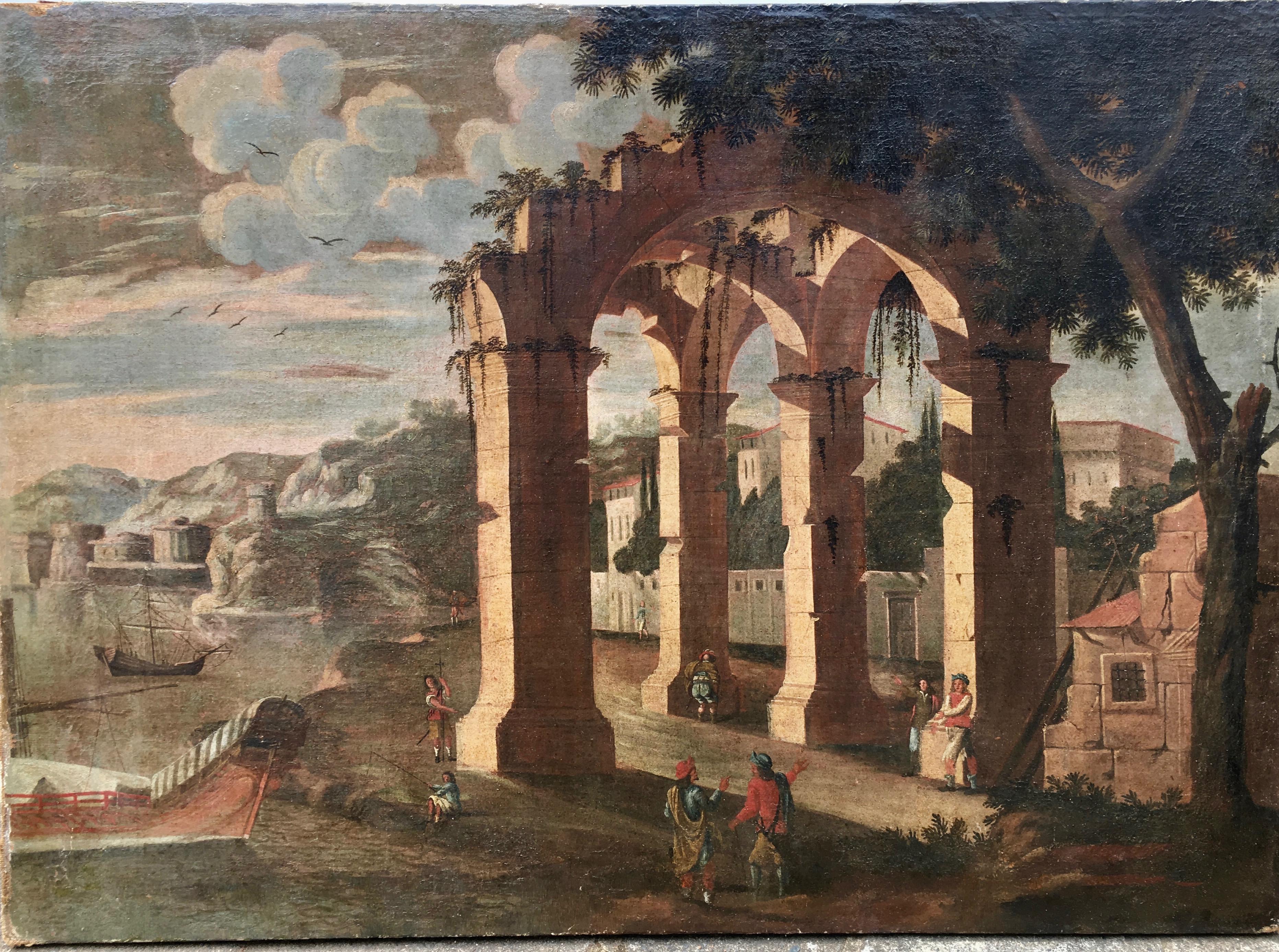 (Follower of) Agostino Tassi Figurative Painting - 17th century Italian harbor with boats, figures and ruins in a landscape