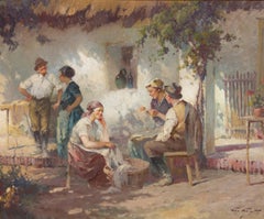 Garden Scene Oil Painting in Gilt Frame, Early 20th Century