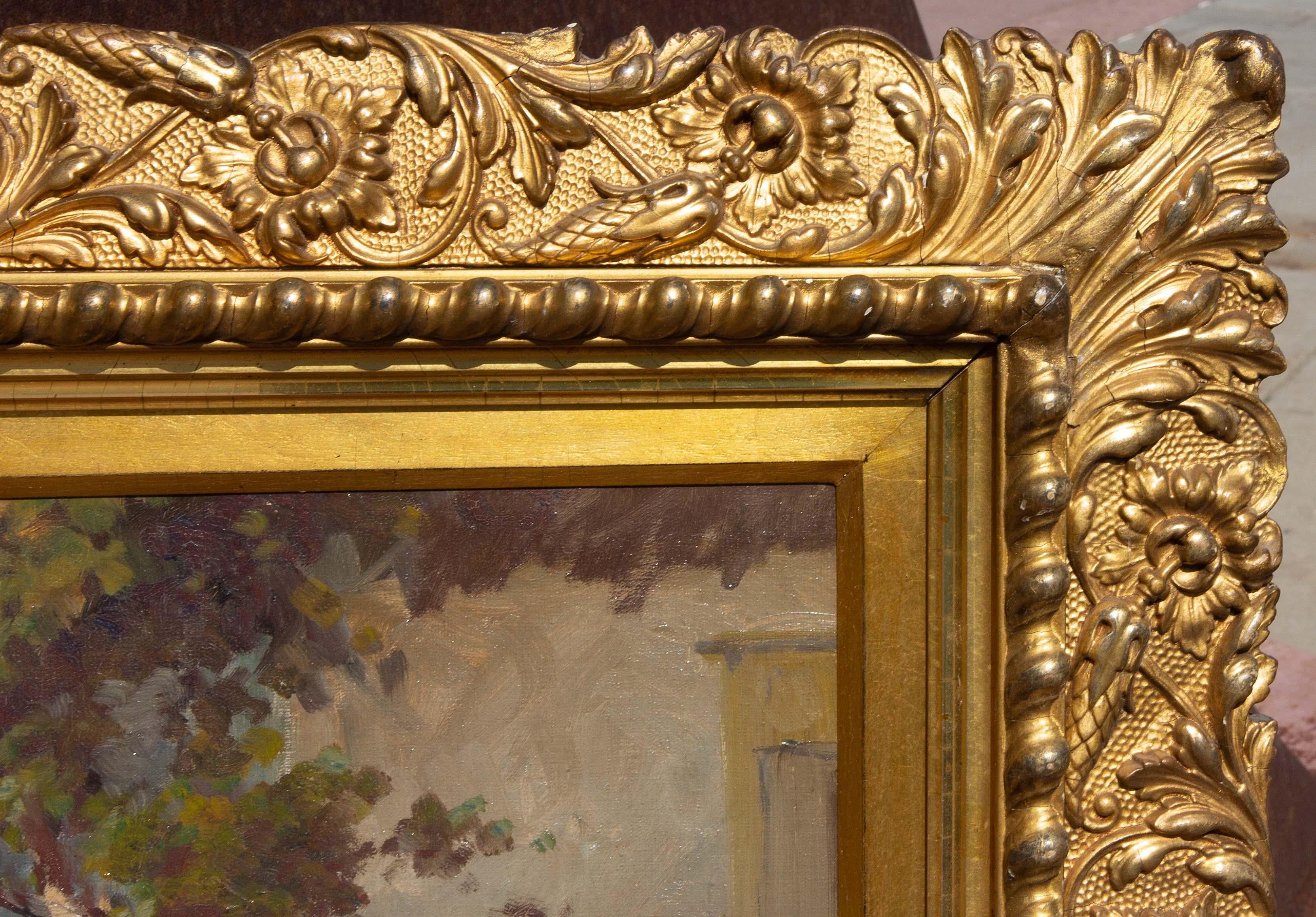 Peinture à l'huile d'une scène de jardin dans un cadre doré, début du 20ème siècle - Marron Figurative Painting par Agostos Acs 