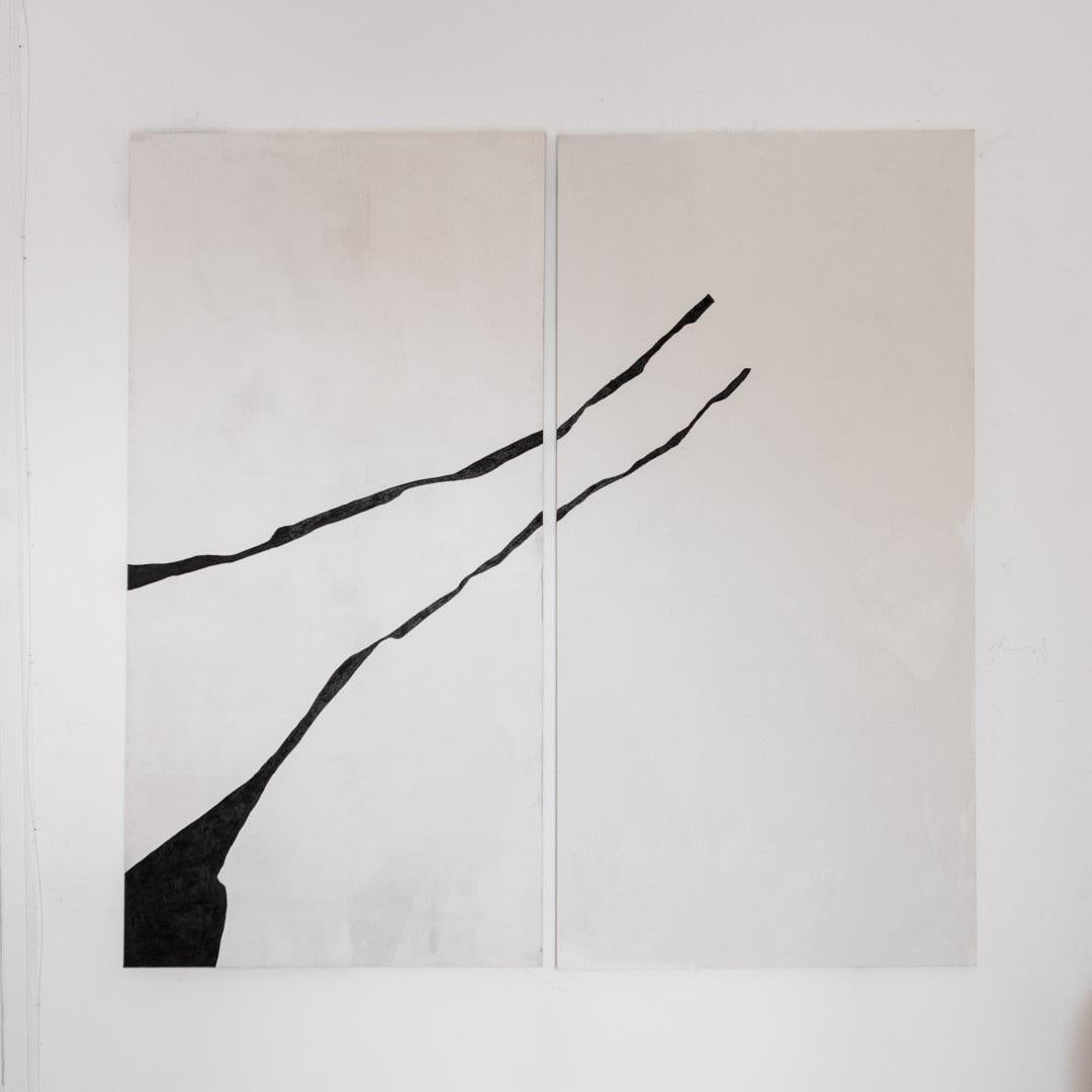 ABSTRACT New Artwork Diptych Black Lines by Alicia Gimeno Artist 2023 - Painting by AGR