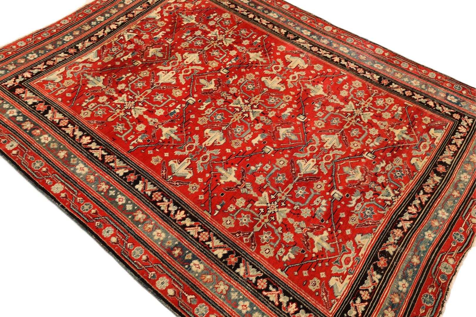 Hand-Knotted Agra Antique rug, Red Light-Blue - 5'7