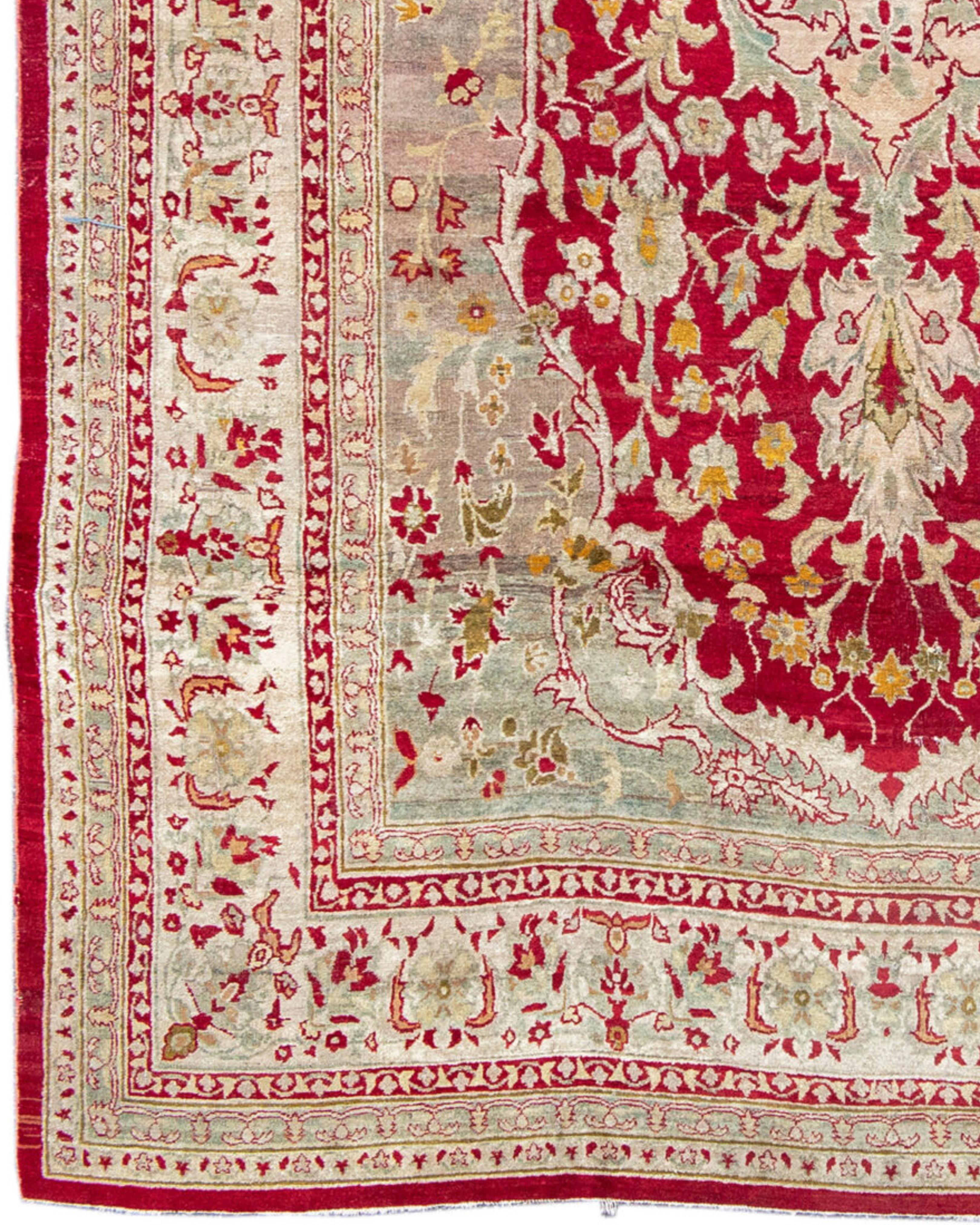 Hand-Woven Antique Red and Gold Indian Agra Carpet, Late 19th Century For Sale