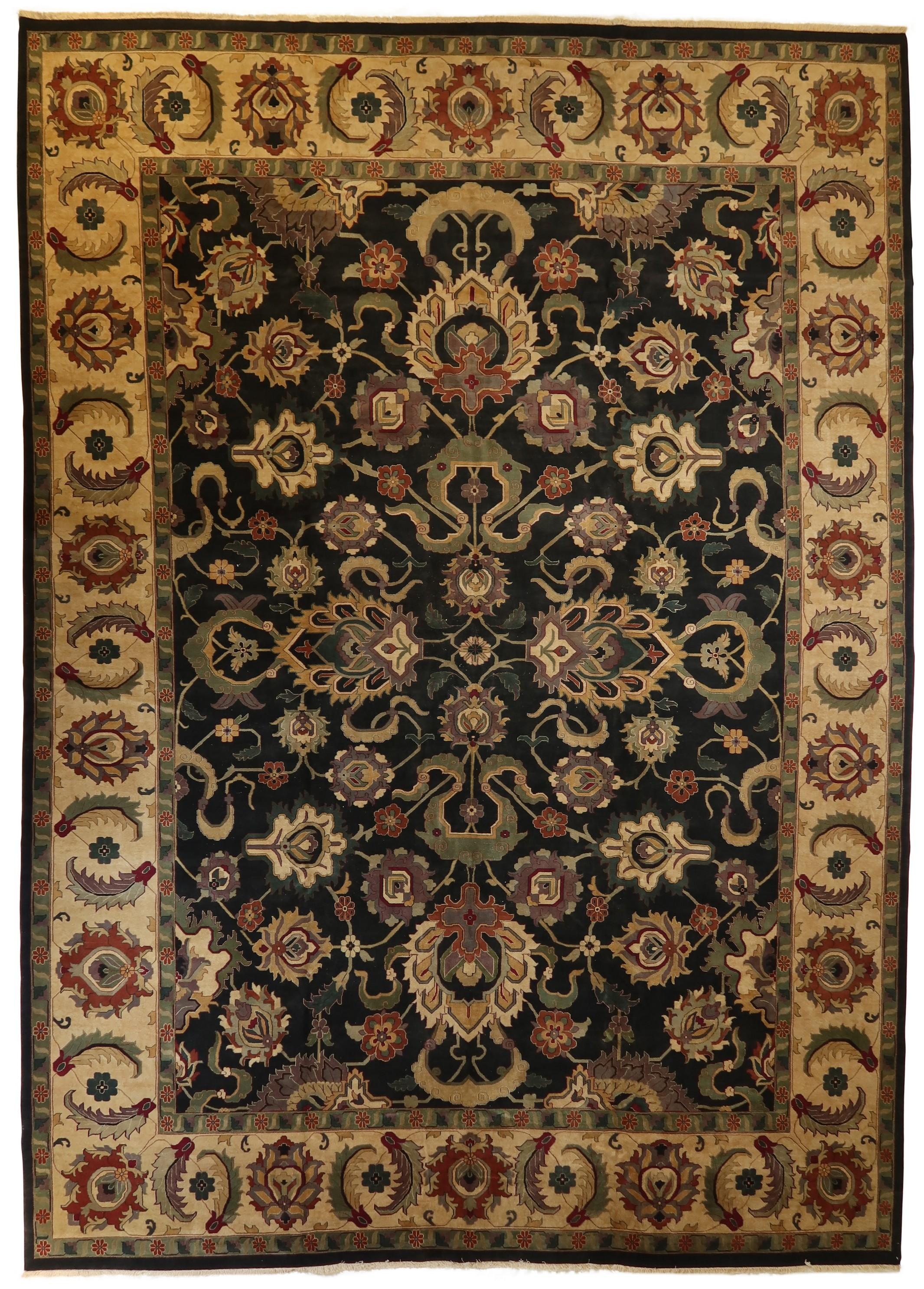 Agra Hand-Knotted New Zealand Wool Black Vintage Ivory Finely Woven Oversize Rug In New Condition For Sale In New York, NY