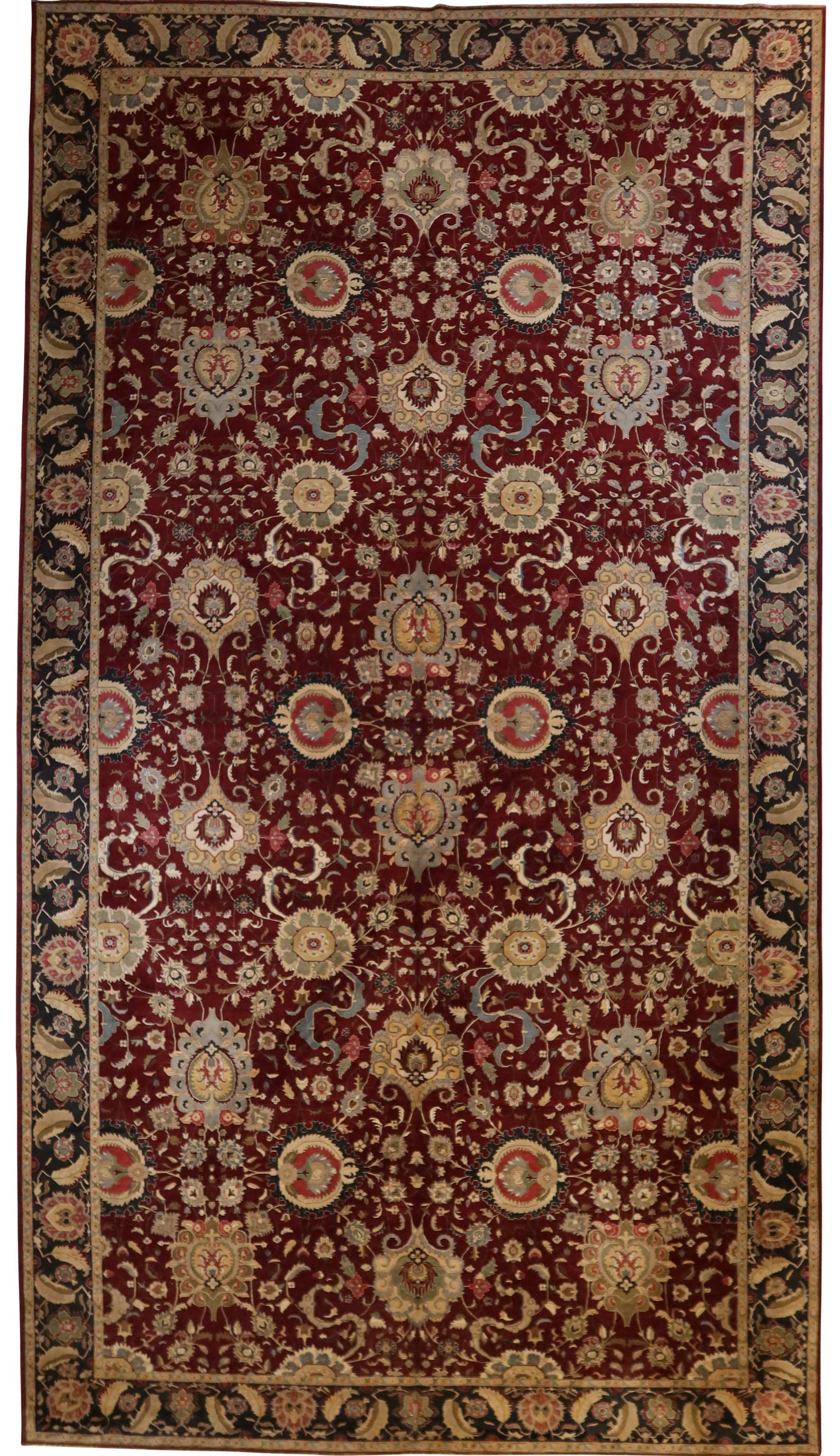 Indian Agra Hand-Knotted New Zealand Wool Burgundy Black Fine Quality Oversize Rug For Sale