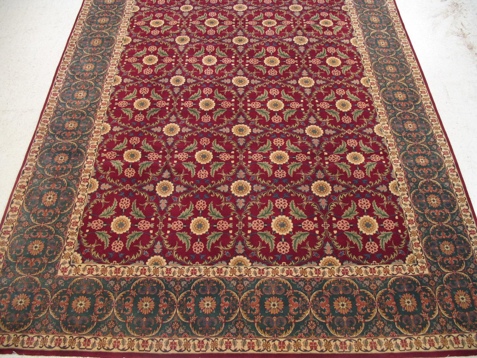Agra Hand-Knotted New Zealand Wool Burgundy Green Fine Quality Rug in Stock In New Condition For Sale In New York, NY