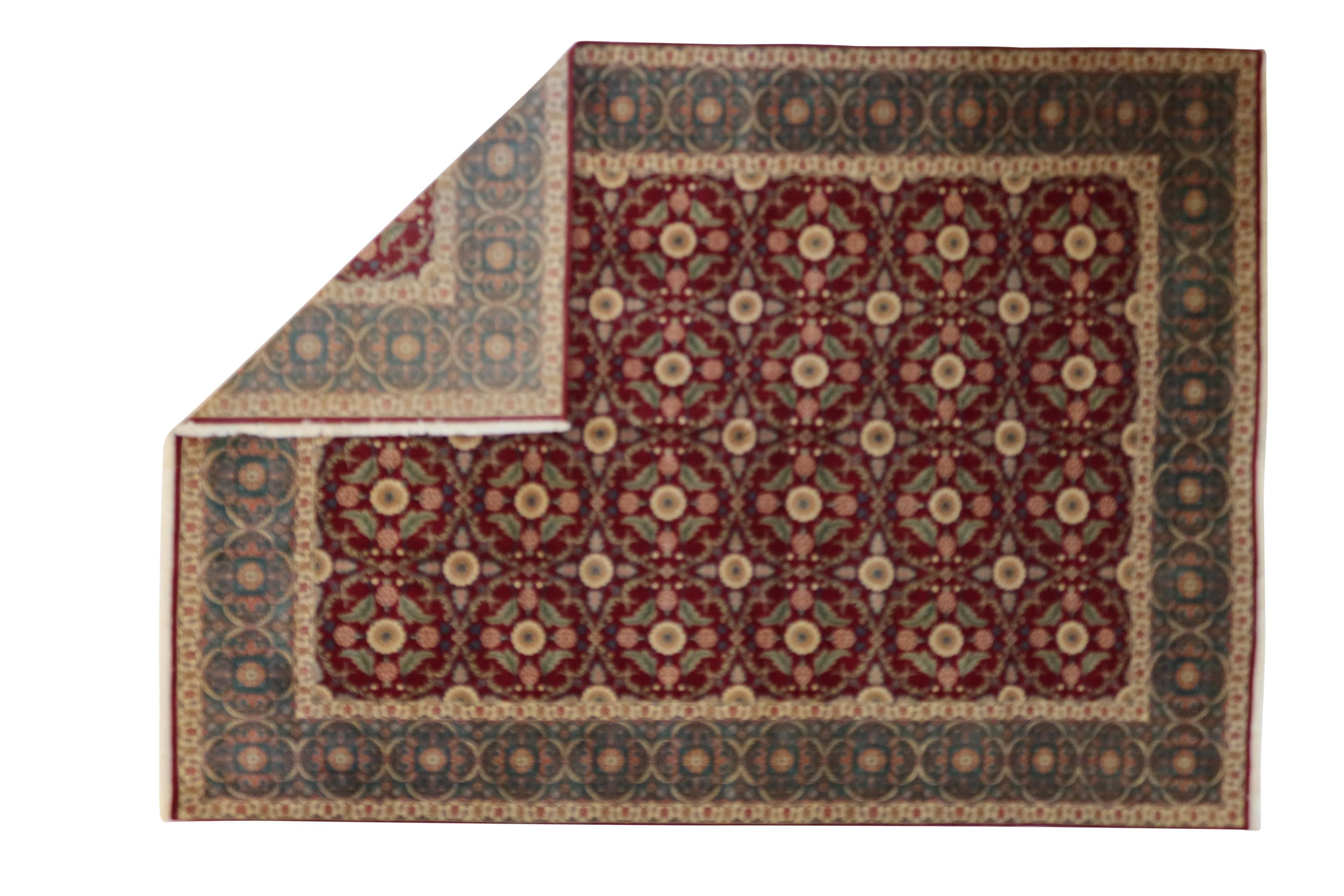 Contemporary Agra Hand-Knotted New Zealand Wool Burgundy Green Fine Quality Rug in Stock For Sale