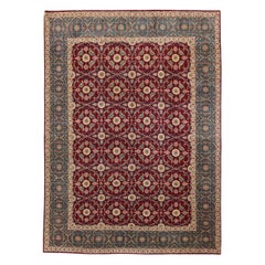 Agra Hand-Knotted New Zealand Wool Burgundy Teal Fine Quality Rug in Stock