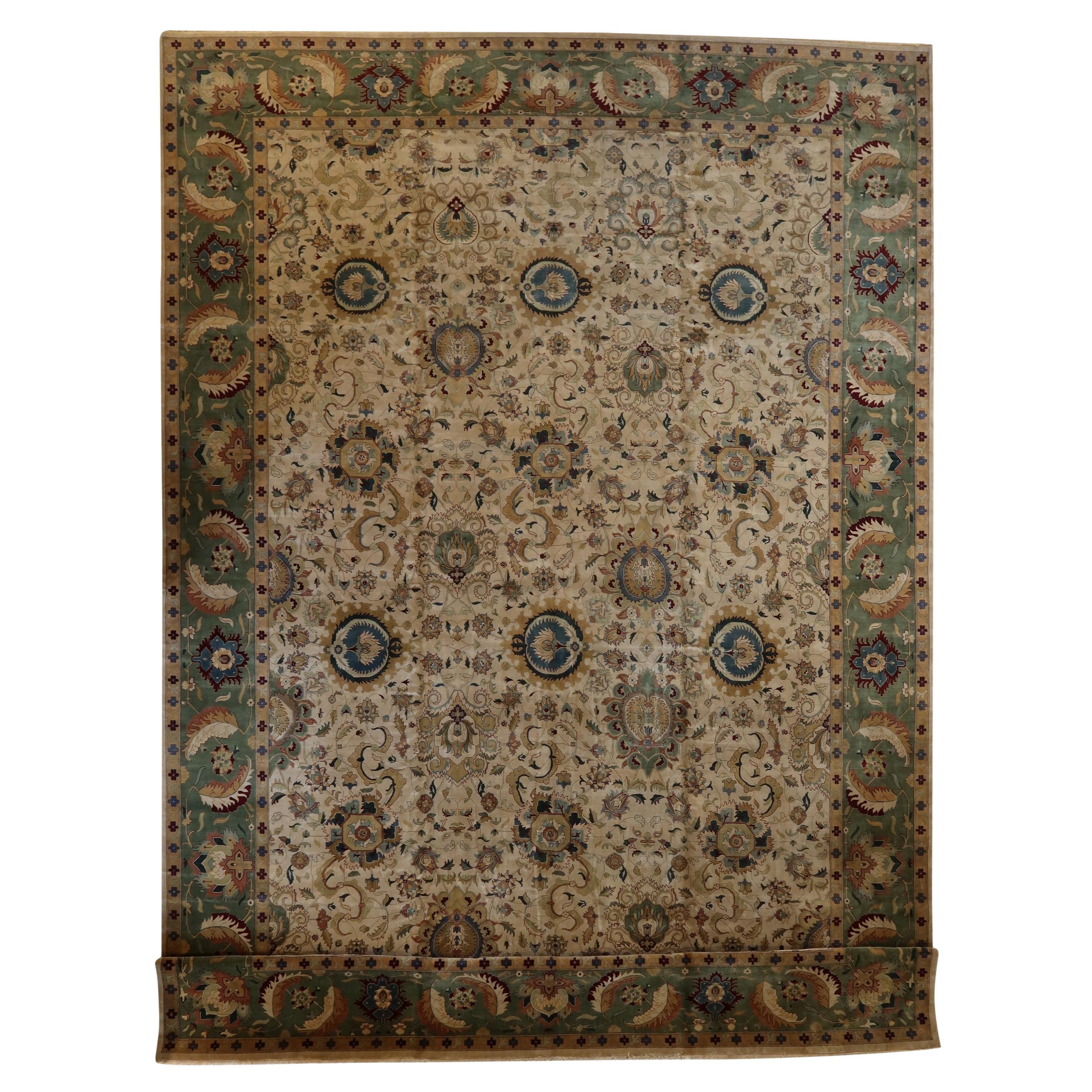 Agra Hand-Knotted New Zealand Wool Vintage Ivory Green Finely Woven Oversize Rug For Sale