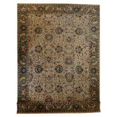 Agra Hand-Knotted New Zealand Wool Vintage Ivory Green Finely Woven Oversize Rug