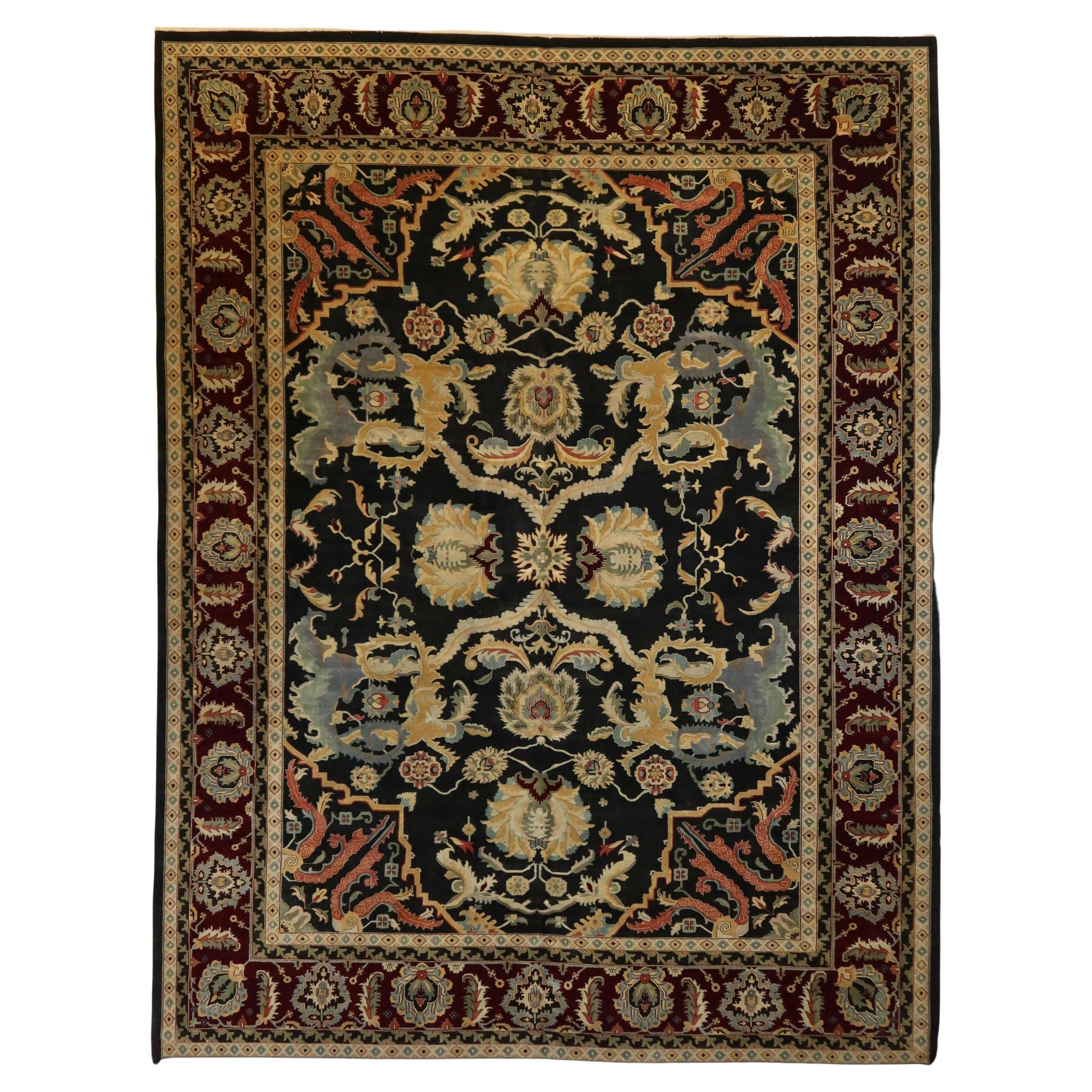 Agra Hand-Knotted NZ Wool Black Burgundy Finely Woven Oversize Fine Quality Rug For Sale