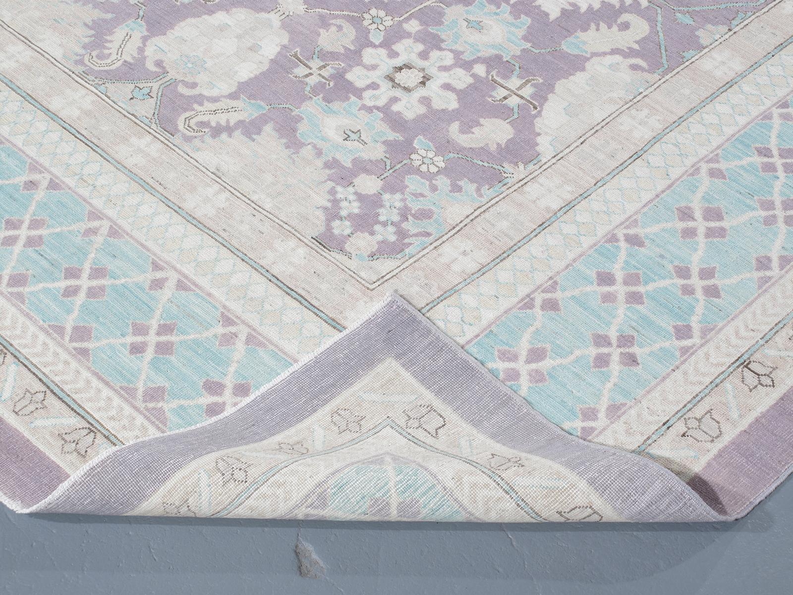 Contemporary Agra Hand-Knotted Patina Rug in Soft Purple and Blue Colors For Sale
