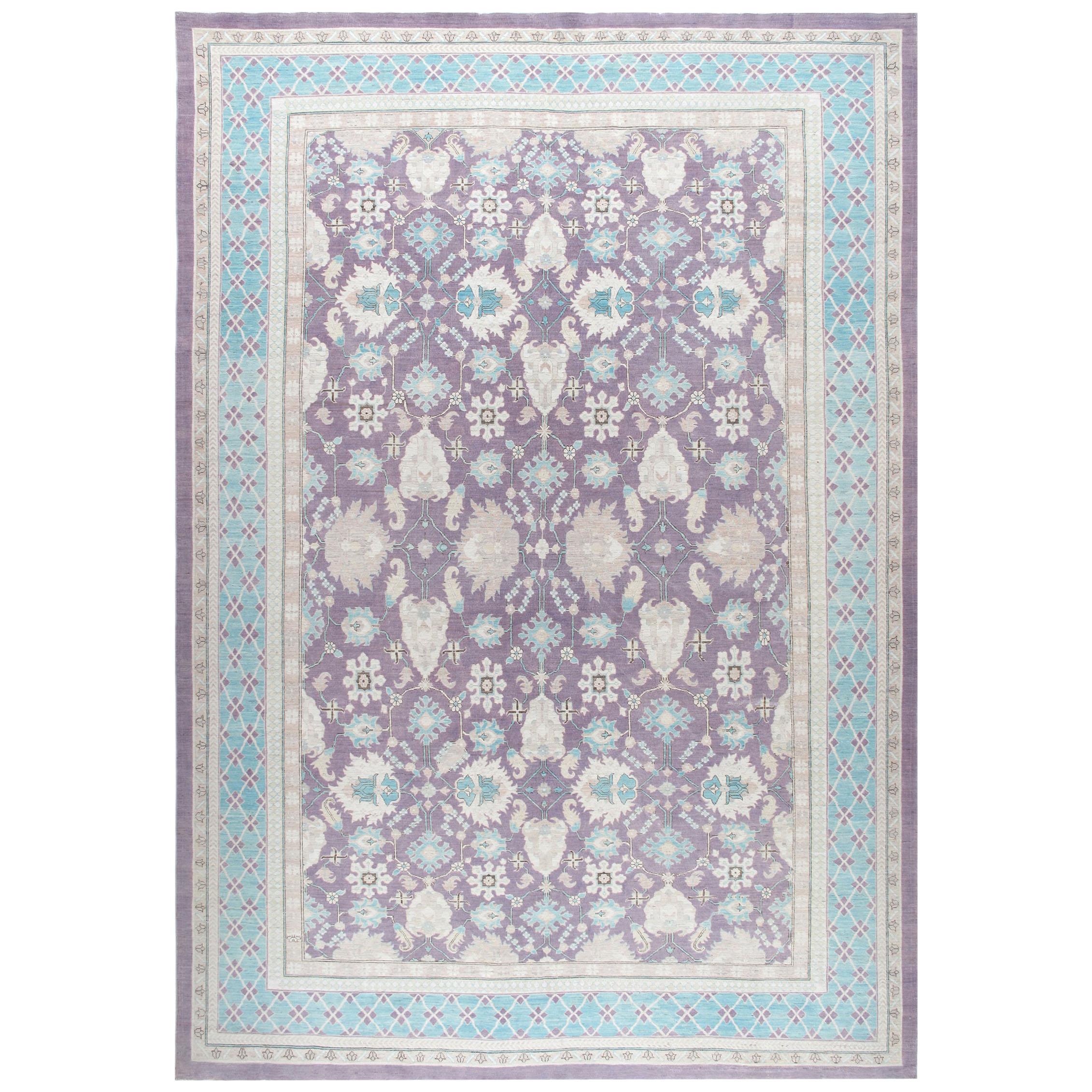 Agra Hand-Knotted Patina Rug in Soft Purple and Blue Colors For Sale