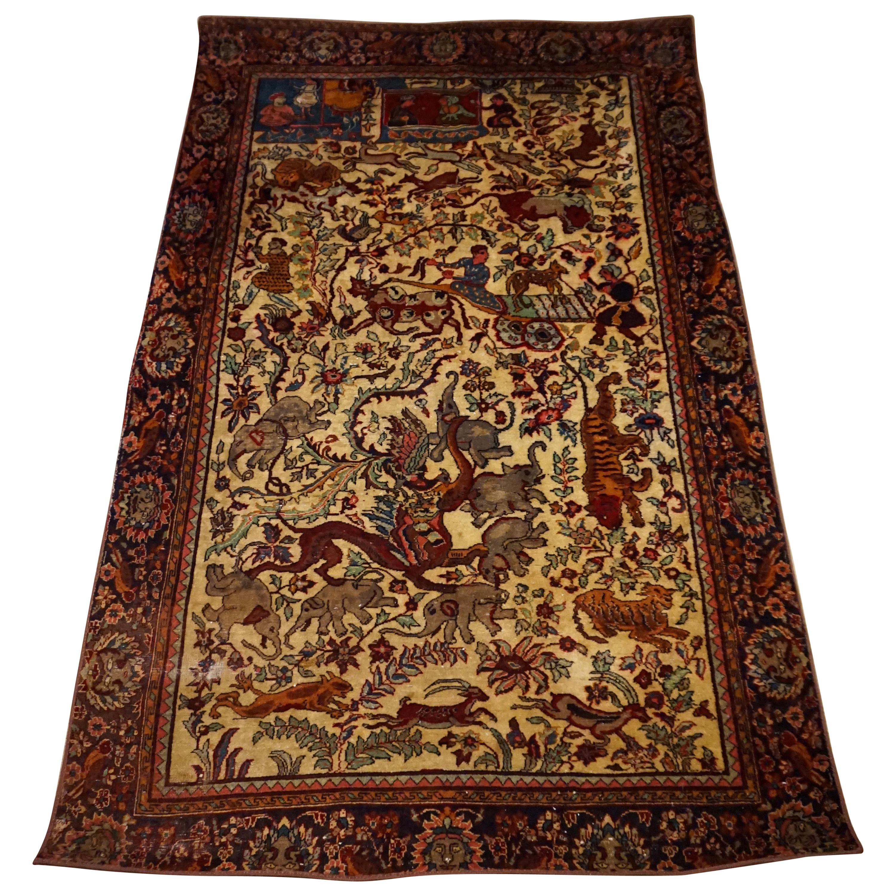 19th C. Agra Rug with Maharaja and Hunting Scene Tigers, Elephants Symbolism For Sale