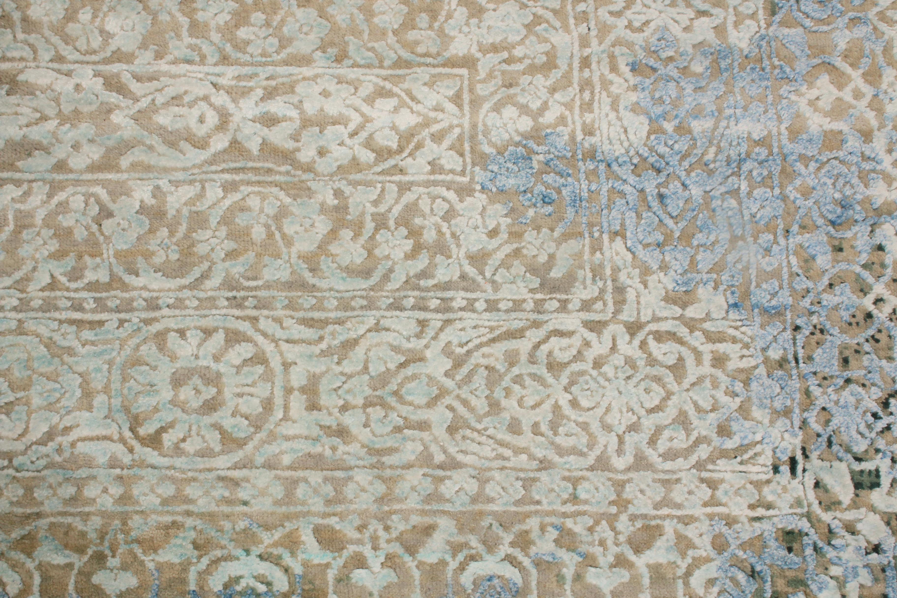 Hand-Knotted Agra Traditional Blue and Green Wool and Silk Geometric-Floral Rug