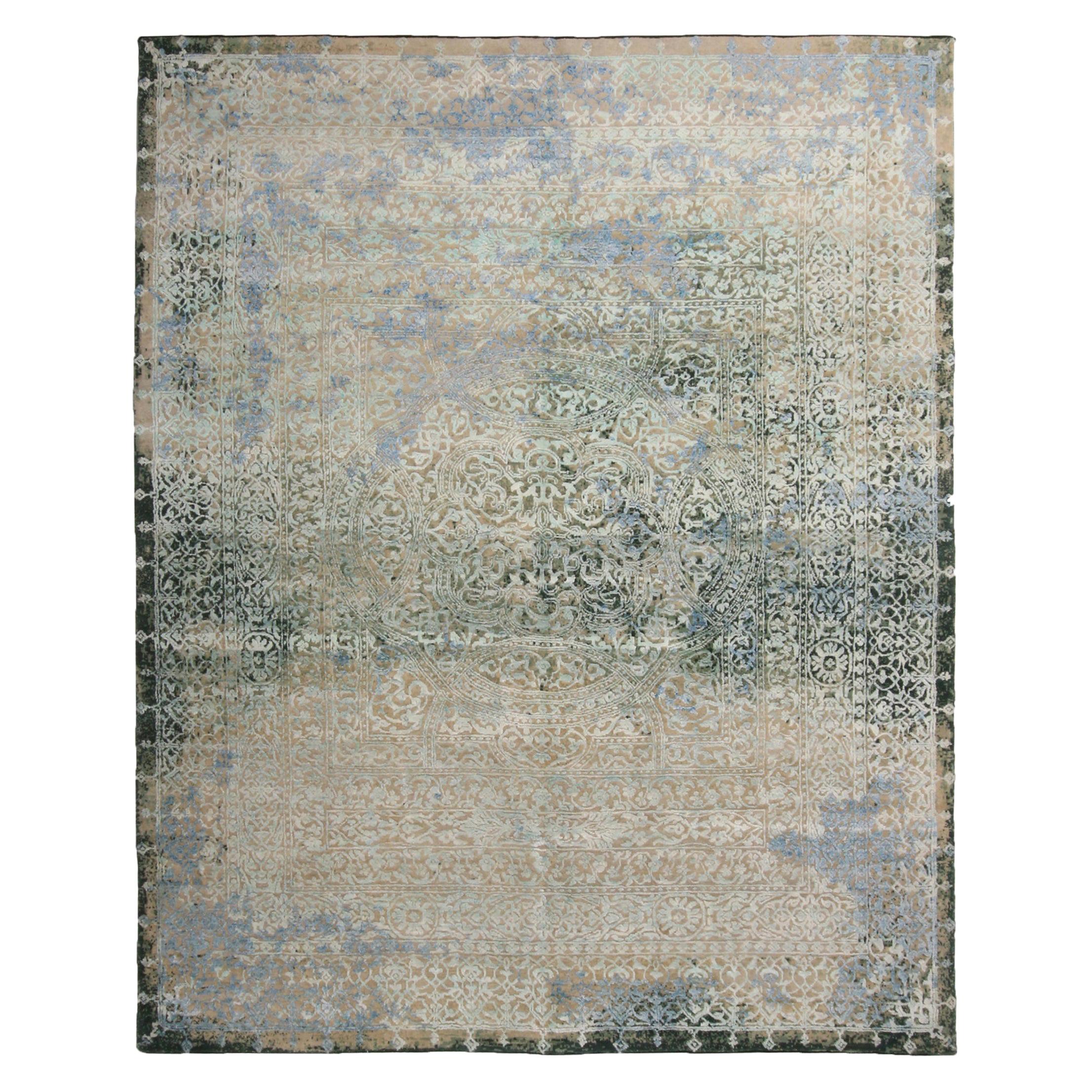 Agra Traditional Blue and Green Wool and Silk Geometric-Floral Rug