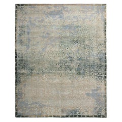 Agra Traditional Blue and Green Wool and Silk Geometric-Floral Rug