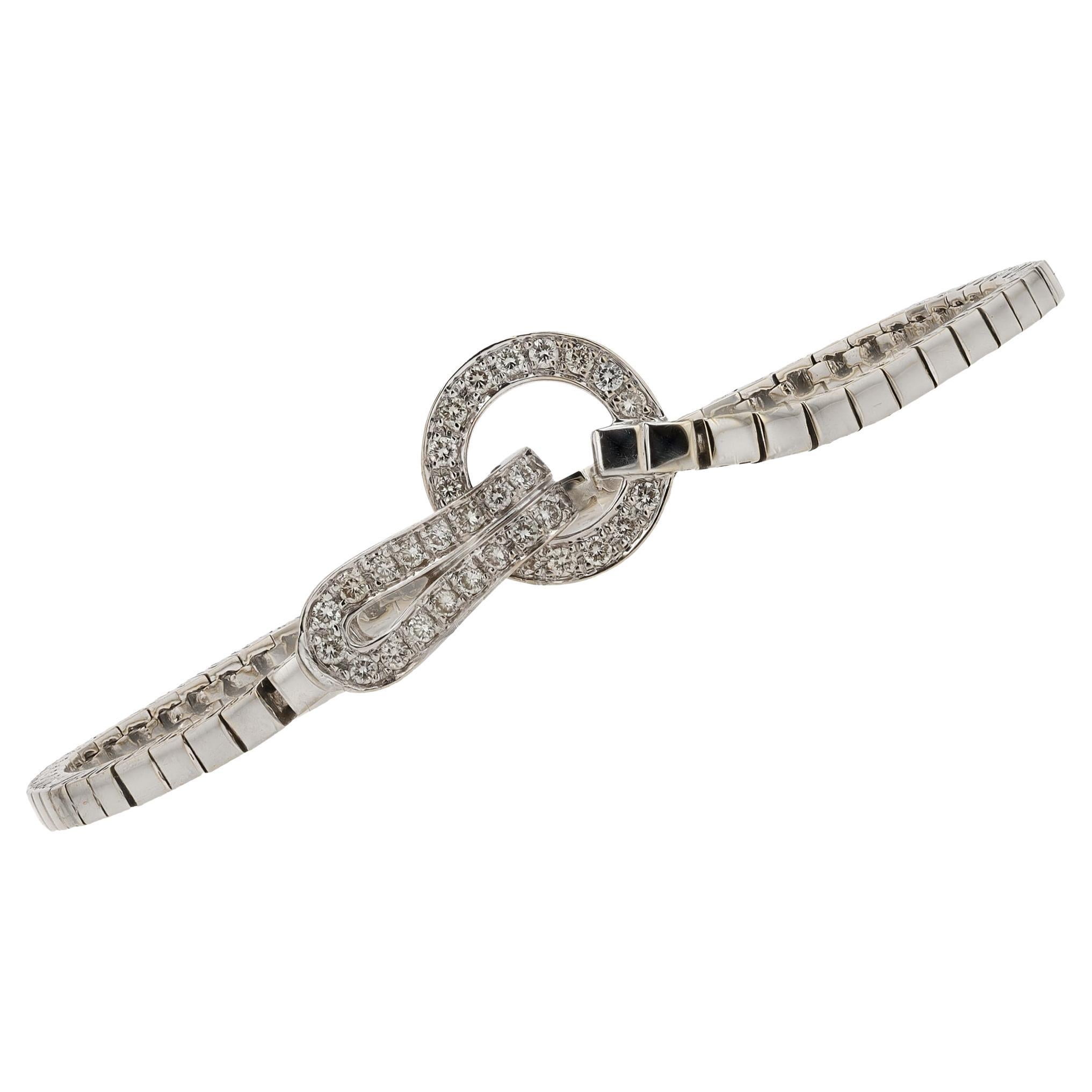 Agrafe Style Italian 18k White Gold & Diamond Designer Buckle Bracelet