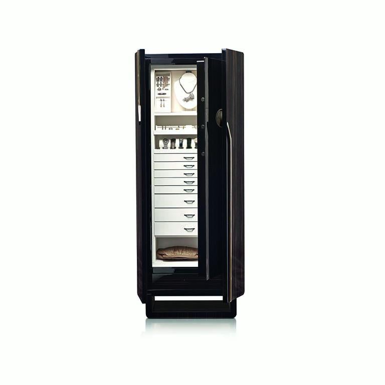 Polished ebony contemporary armored armoire by Agresti.

Rhodium-plated accessories. Round handle with biometric opening device and emergency key integrated. Inside pullout / pull-out necklace holder and drawers lined for jewelry. Secret