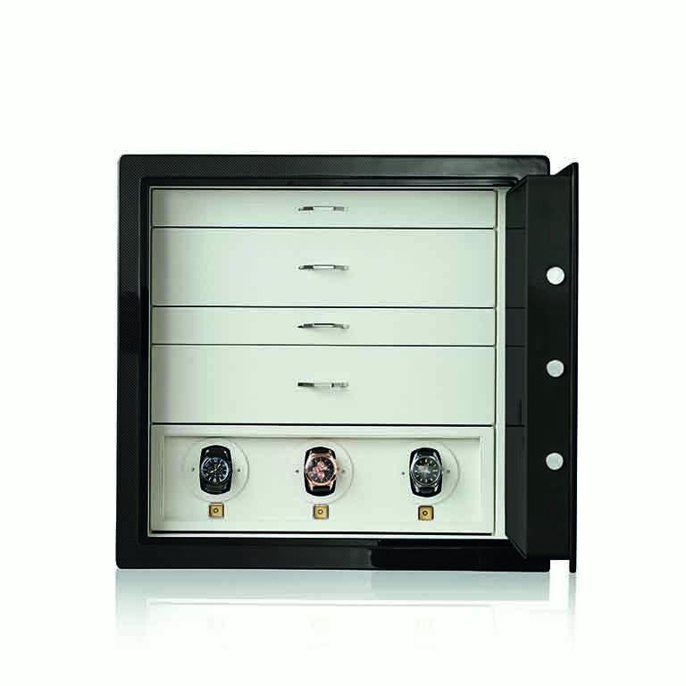 Italian Agresti Armored Jewel Safe Polished Carbon Fiber Front and 3 Watch Winders For Sale