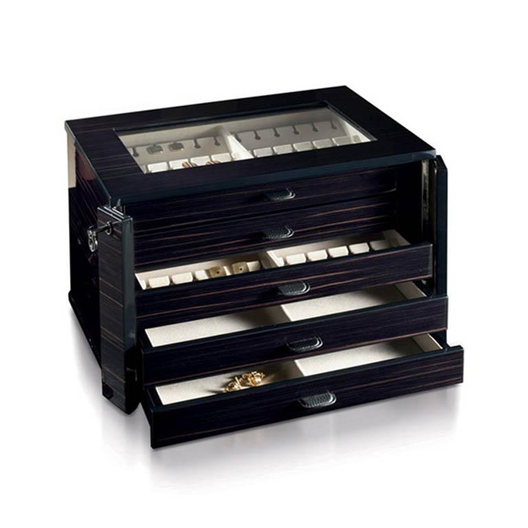 Lockable chest in black polished wood for 54 pairs of cufflinks. This is also extendable up to 90 pairs.
