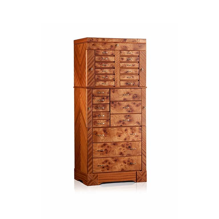 Agresti Grande Scrigno; contemporary jewelry armoire in matte finish elm briar and mahogany. Twenty lockable drawers are lined for all kinds of jewelry. The three large bottom ones do not have locks. The upper part has two pull-out necklace bars and