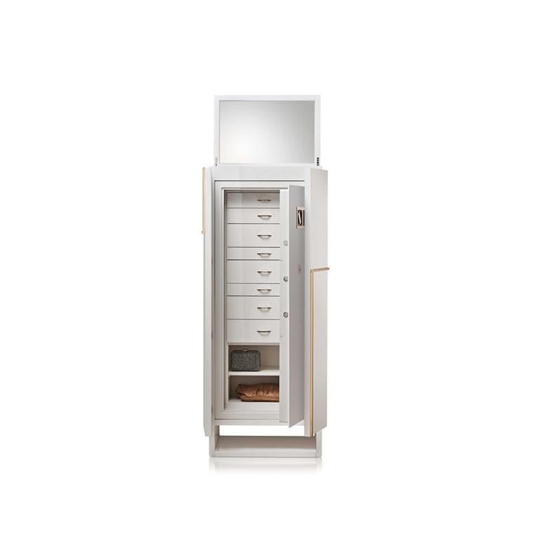Armoured jewelry cabinet in polished white maple, 24-karat gold-plated brass accessories by Agresti.

Safe can be anchored to the wall with metal screws that are supplied. Opening with digital touch keypad and emergency key system. Available with