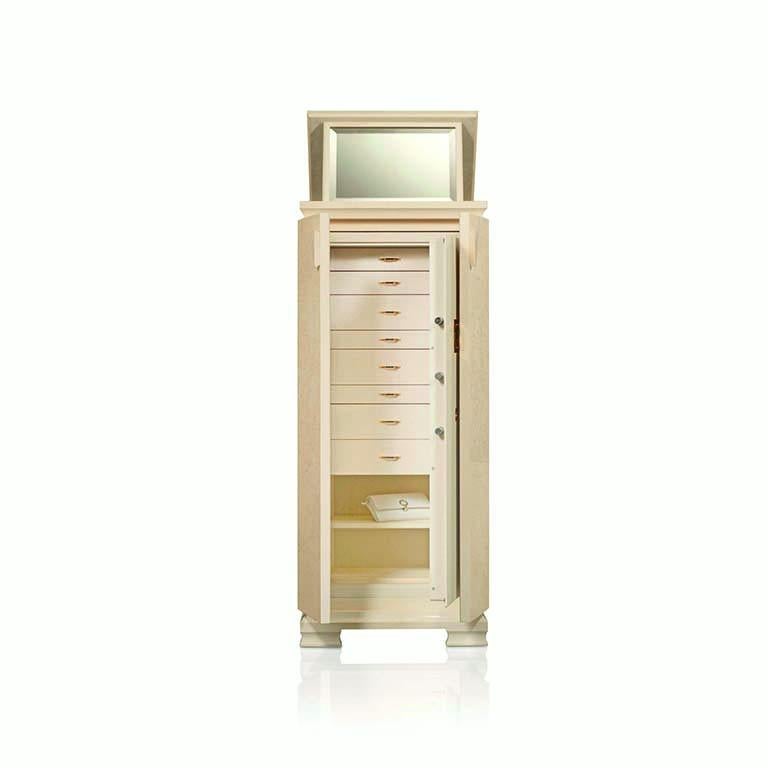 Agresti Gioia Crema; contemporary armored jewelry armoire safe in cream colored polished bird's eye maple. Inside safe in shiny white. 24-karat gold-plated brass accessories. Made in Florence, Italy by Agresti since, 1949.

VAT will be applicable to