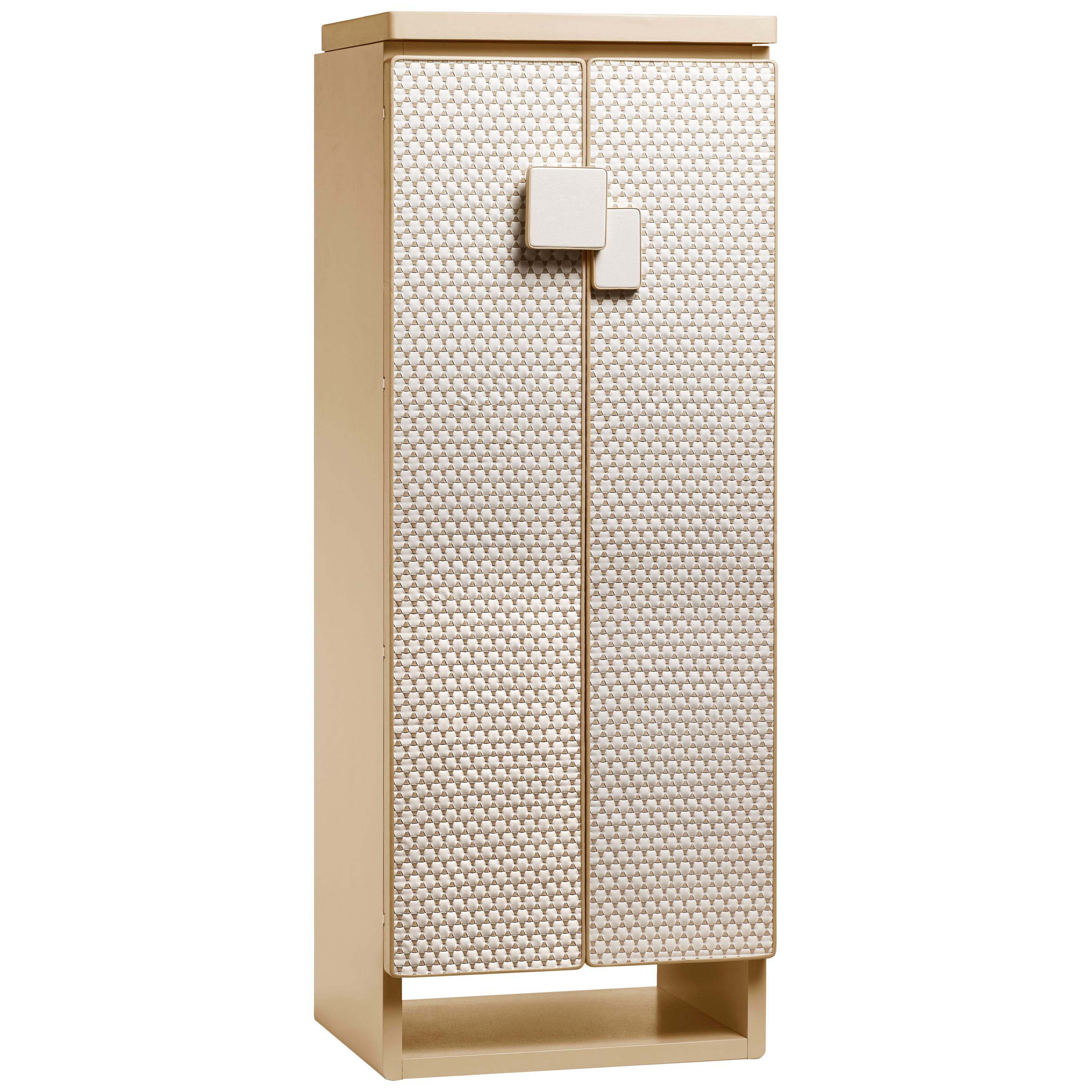 Agresti Gioia Intreccio; contemporary armored jewelry armoire safe covered in white and beige threaded leather. Inside safe in shiny white. 24-karat gold-plated brass accessories. Made in Florence, Italy by Agresti since, 1949.

Safety, elegance,