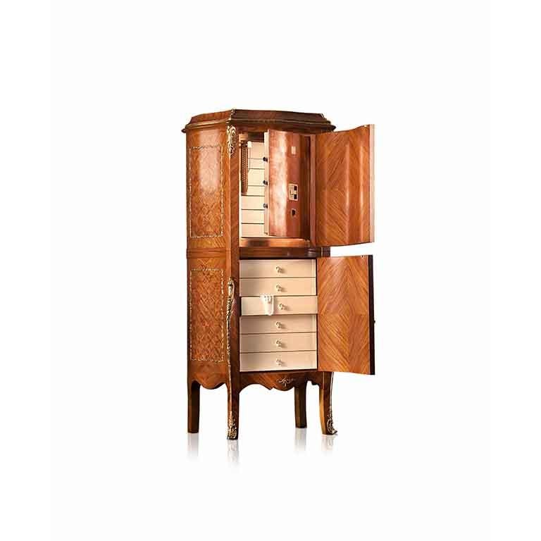 Shaped armoire in rosewood and maple. Louis XV replica, with bronze details. Contents safe in polished copper foil, 24-karat brass parts. Safes to be anchored to the wall with metal screws. Biometric opening device (upto 99 authorized users) and