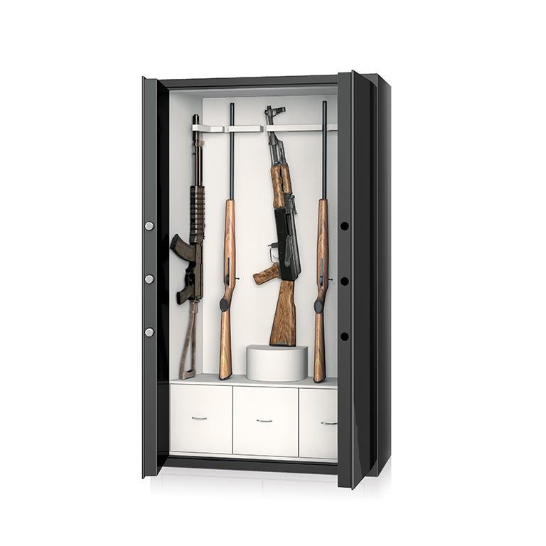 Armored armoire in shiny black steel. Inside drawers in polished white bird’s-eye maple, 24-karat gold-plated brass accessories. Gun storage capacity.

    