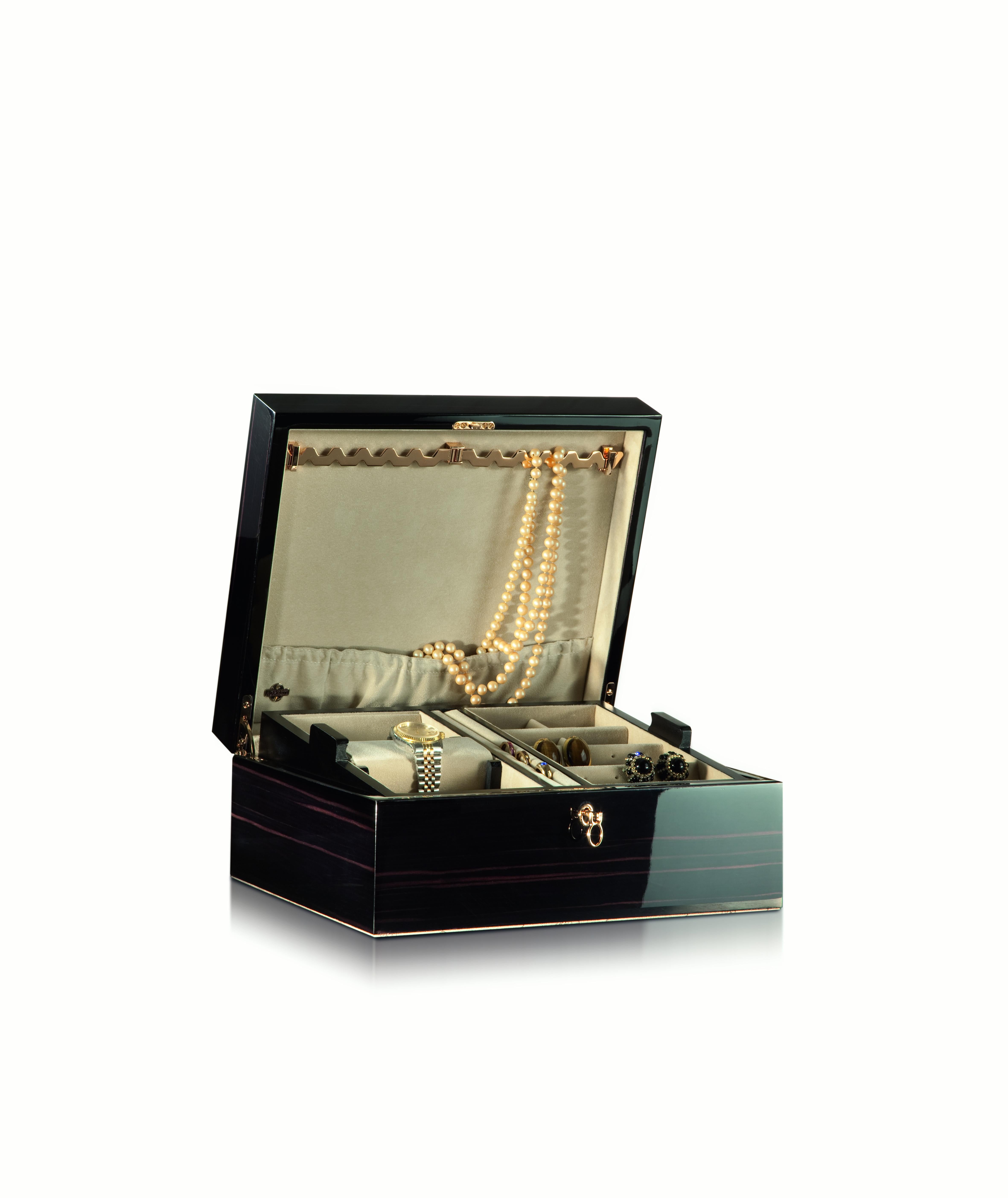 italien Boîte à bijoux noire polie Agresti avec quincaillerie plaquée or  en vente