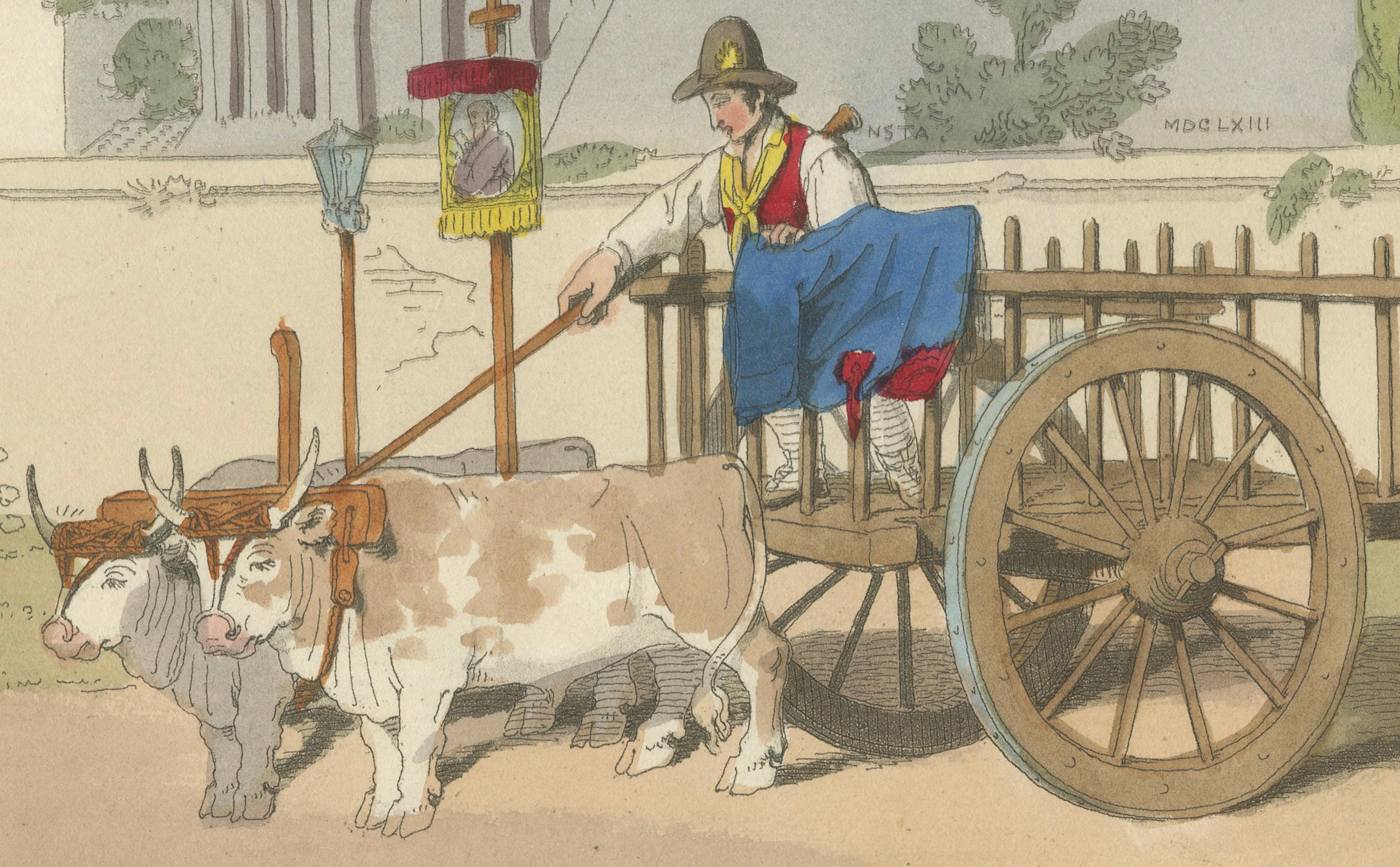 Gravure agricole : Charrette à foin à Rome, gravure en couleurs à la main des années 1820

Description :
Cette charmante gravure coloriée à la main, intitulée 