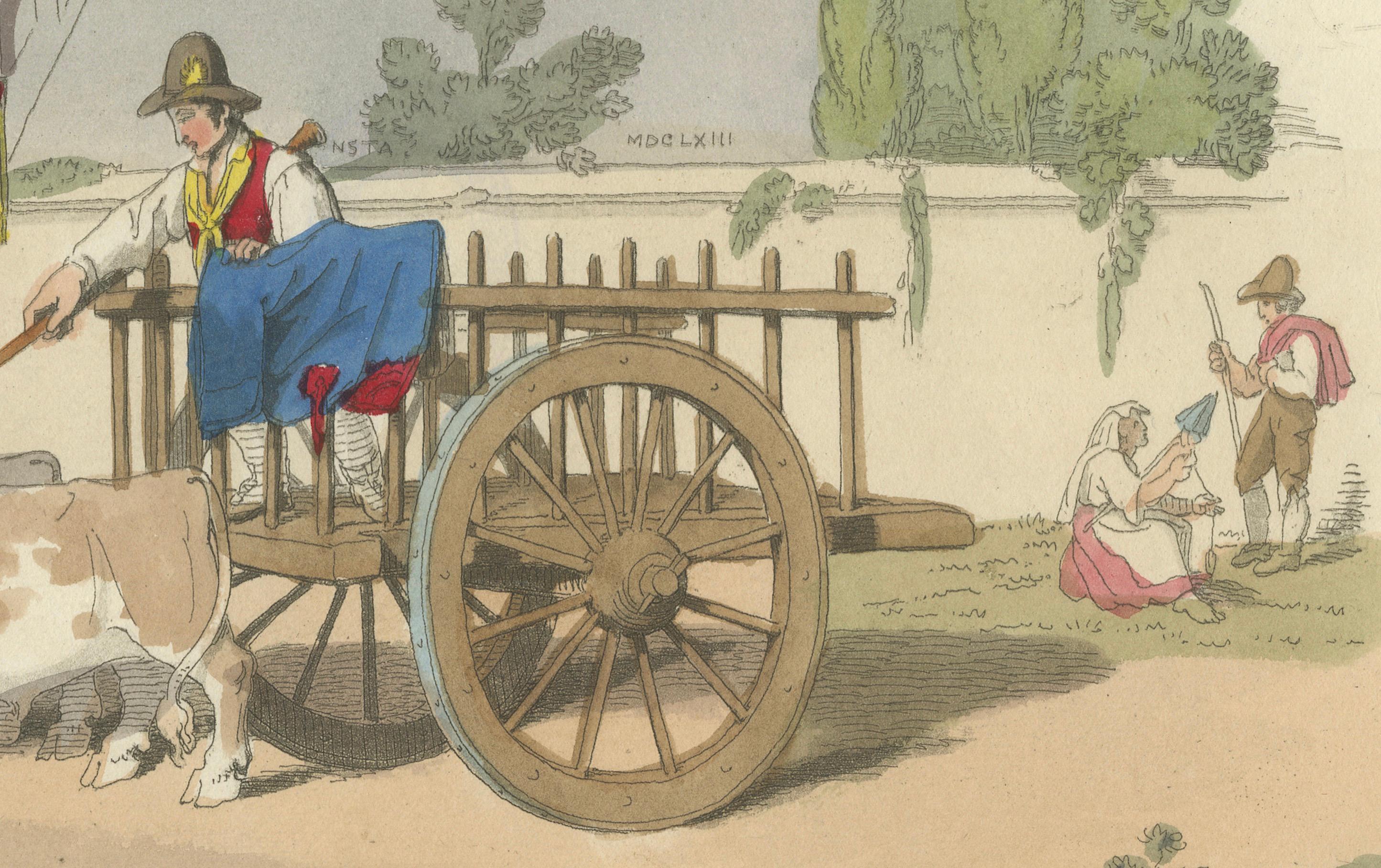 Gravure agricole : Charrette à foin à Rome, gravure en couleurs à la main des années 1820 Bon état - En vente à Langweer, NL