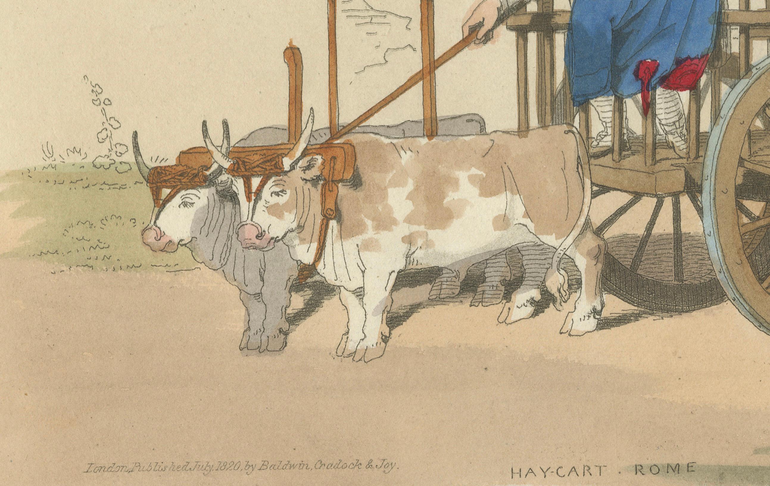 Début du XIXe siècle Gravure agricole : Charrette à foin à Rome, gravure en couleurs à la main des années 1820 en vente
