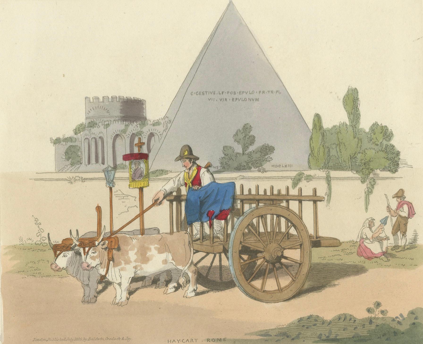 Gravure agricole : Charrette à foin à Rome, gravure en couleurs à la main des années 1820 en vente 1