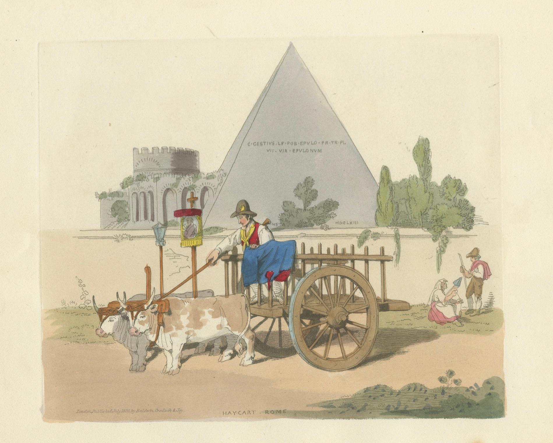 Gravure agricole : Charrette à foin à Rome, gravure en couleurs à la main des années 1820 en vente 2