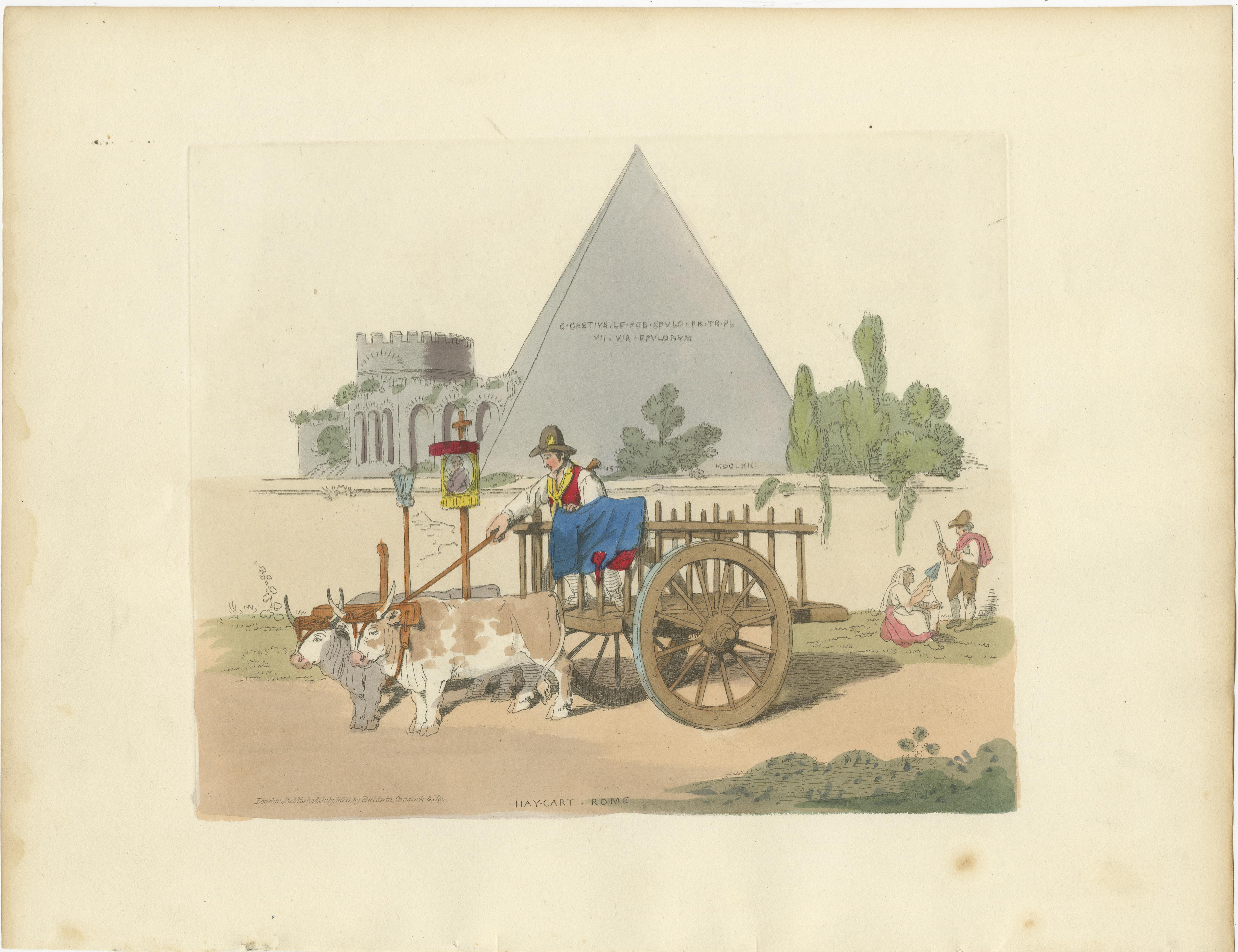 Gravure agricole : Charrette à foin à Rome, gravure en couleurs à la main des années 1820 en vente 3