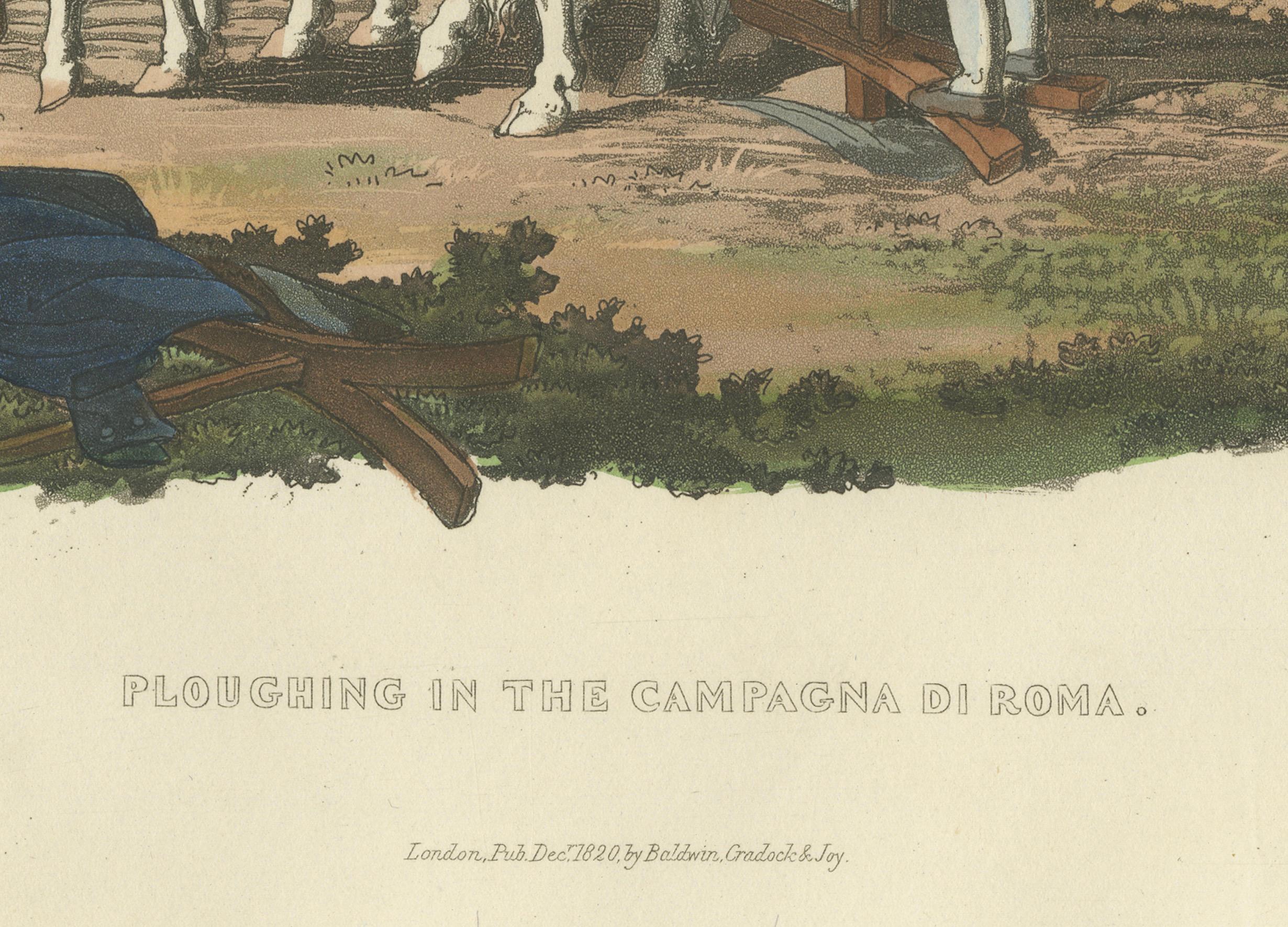 Landwirtschaftlicher Druck: Pflügen in der Campagna di Roma, 1820er Jahre Handkolorierter Kupferstich

Dieser einnehmende handkolorierte Stich mit dem Titel 