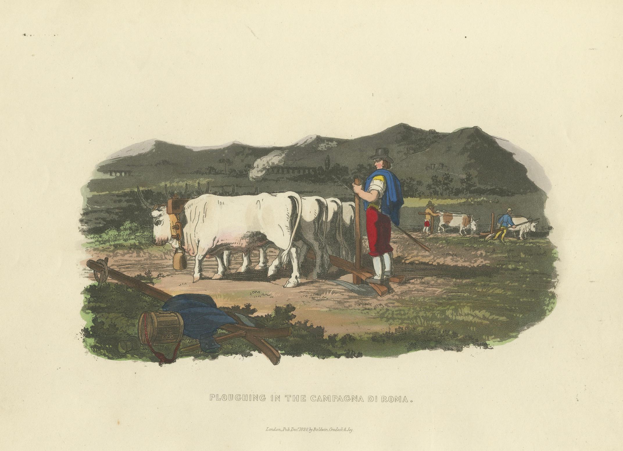 Landwirtschaftlicher Druck: Pflügen in der Campagna di Roma, 1820er Jahre - handkoloriert im Angebot 1