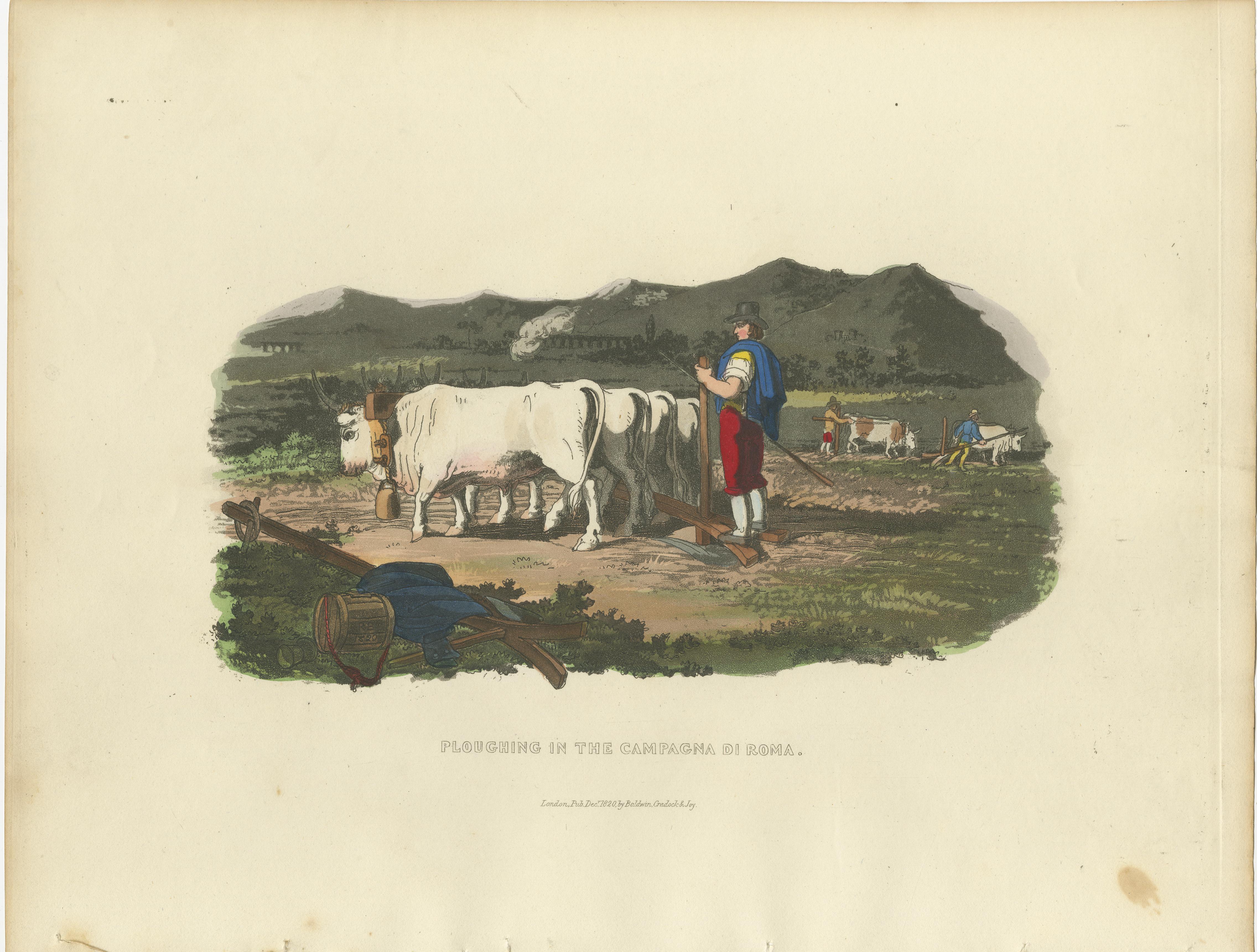 Landwirtschaftlicher Druck: Pflügen in der Campagna di Roma, 1820er Jahre - handkoloriert im Angebot 2