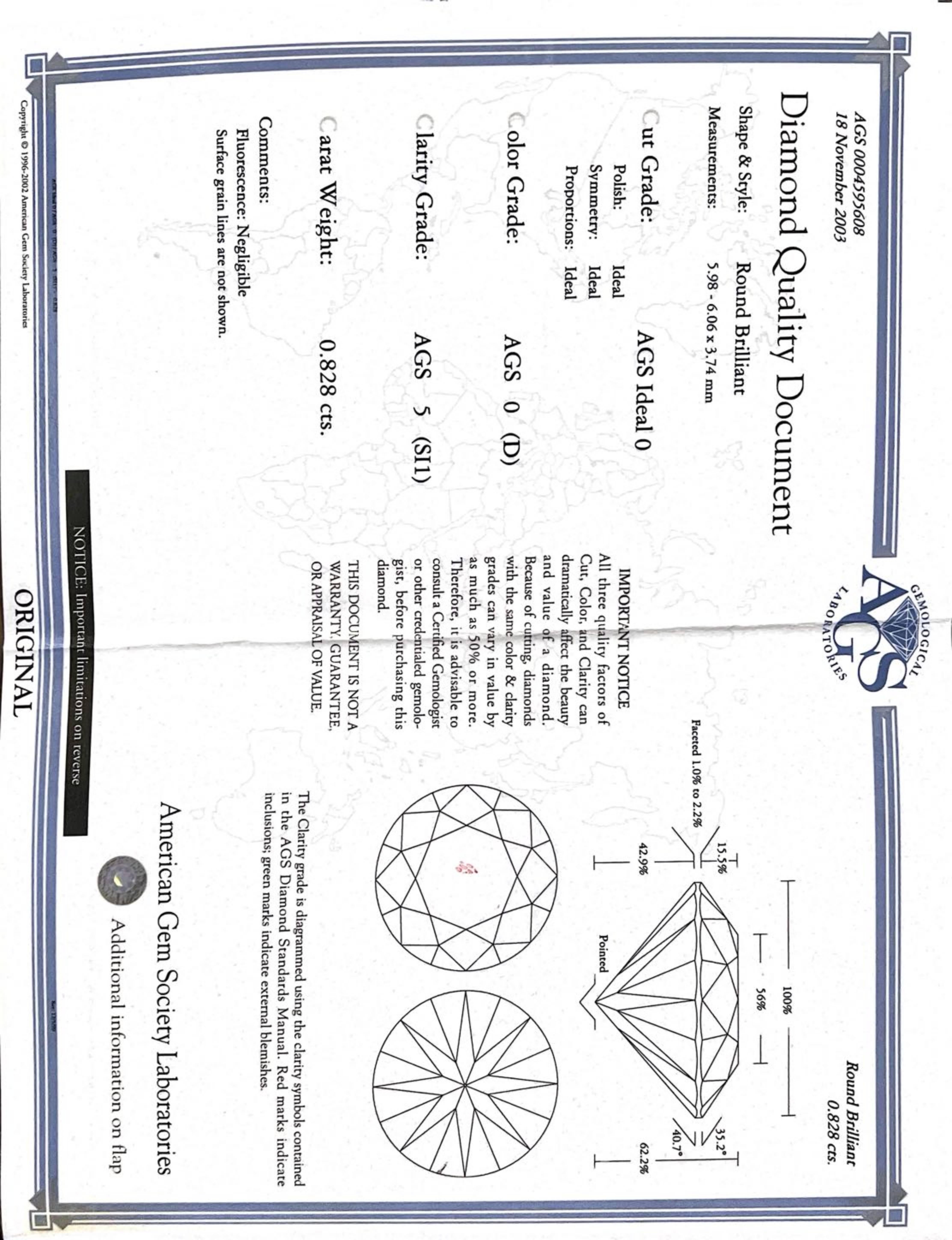 Bague de fiançailles en platine certifiée AGS 0,82 carat D SI1 Round Natural Diamond Pour femmes en vente