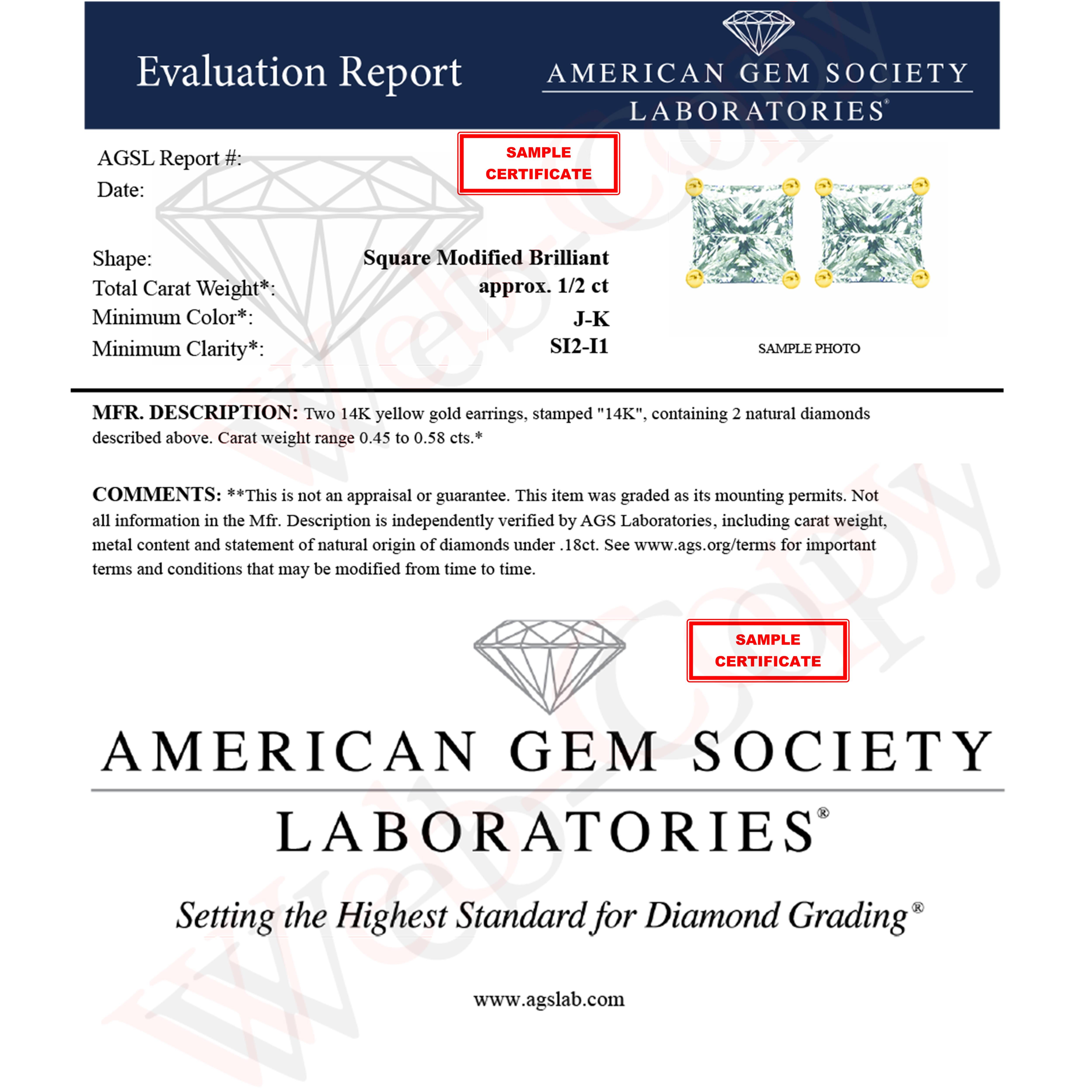AGS Certified 1/2 Carat Princess-Cut Diamond Stud Earrings in 14k Yellow Gold In New Condition In New York, NY