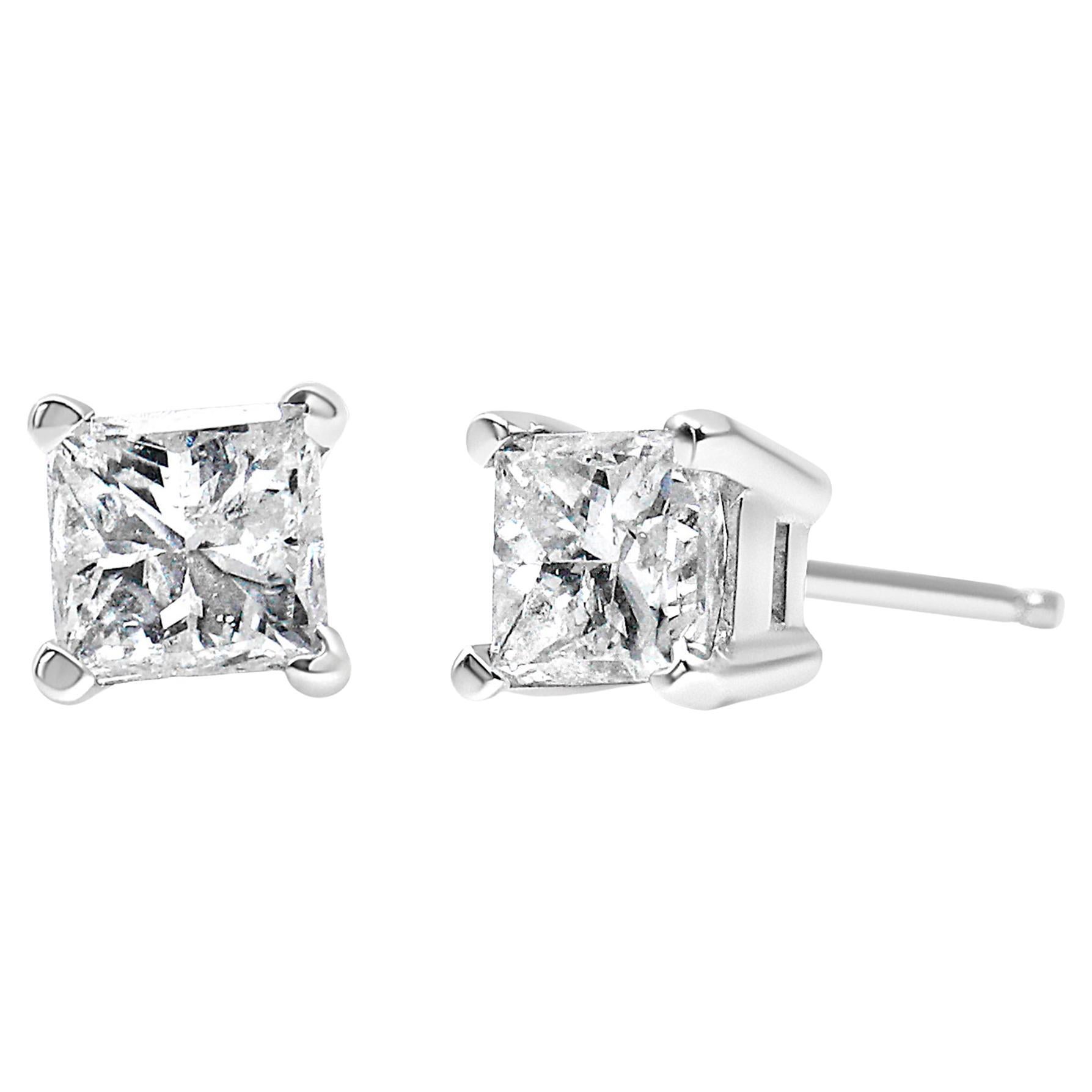 AGS Certified 1/4 Carat Princess-Cut Diamond Stud Earrings in 14K White Gold For Sale