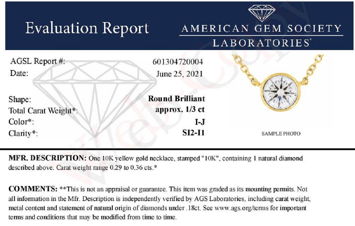 AGS Certified 10k Yellow Gold 1/3 Carat Round Diamond Solitaire Pendant Necklace In New Condition For Sale In New York, NY
